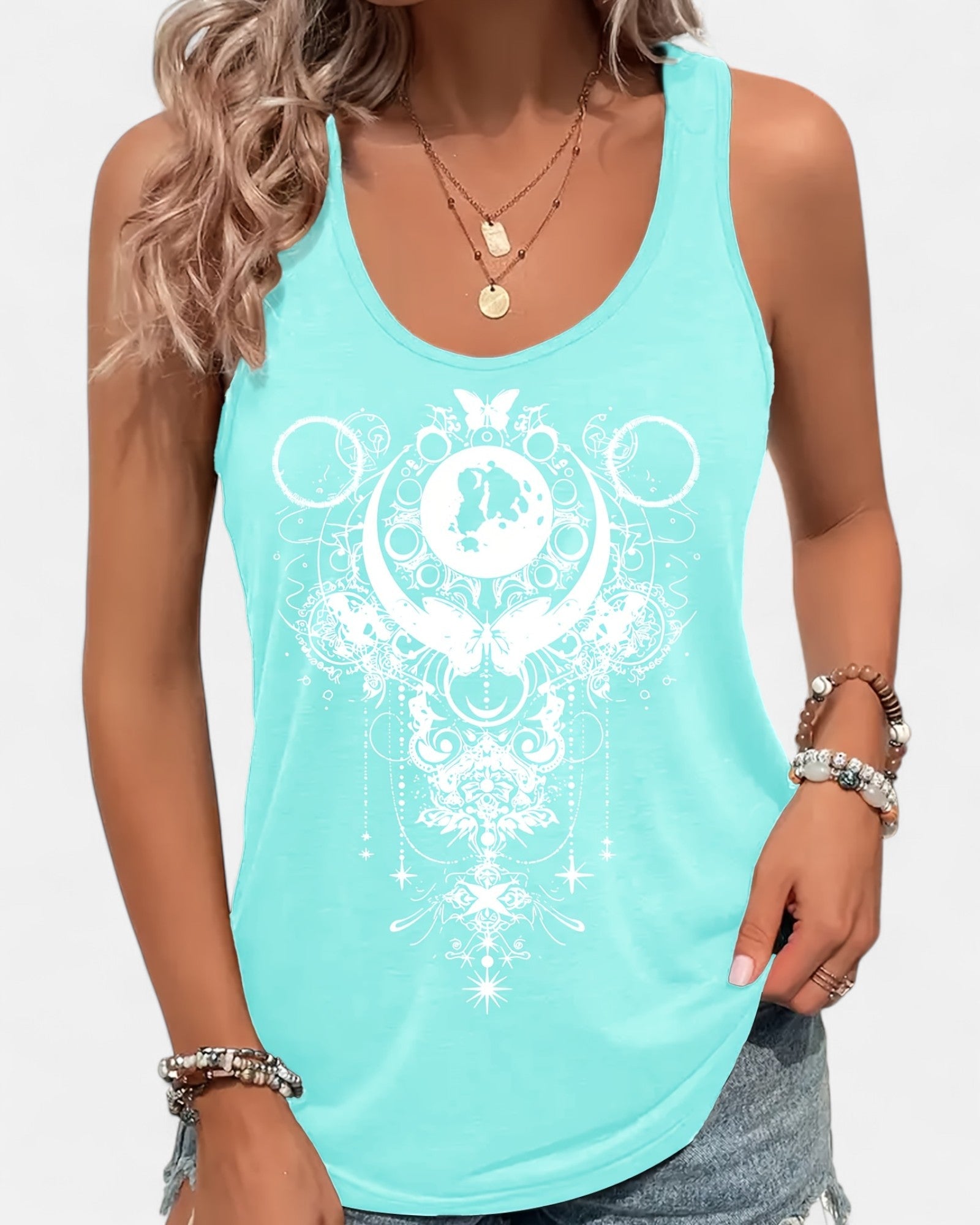 Cerise – Relaxed Cotton Boho Star & Moon Sleeveless Top - Tank Top - Boho Style