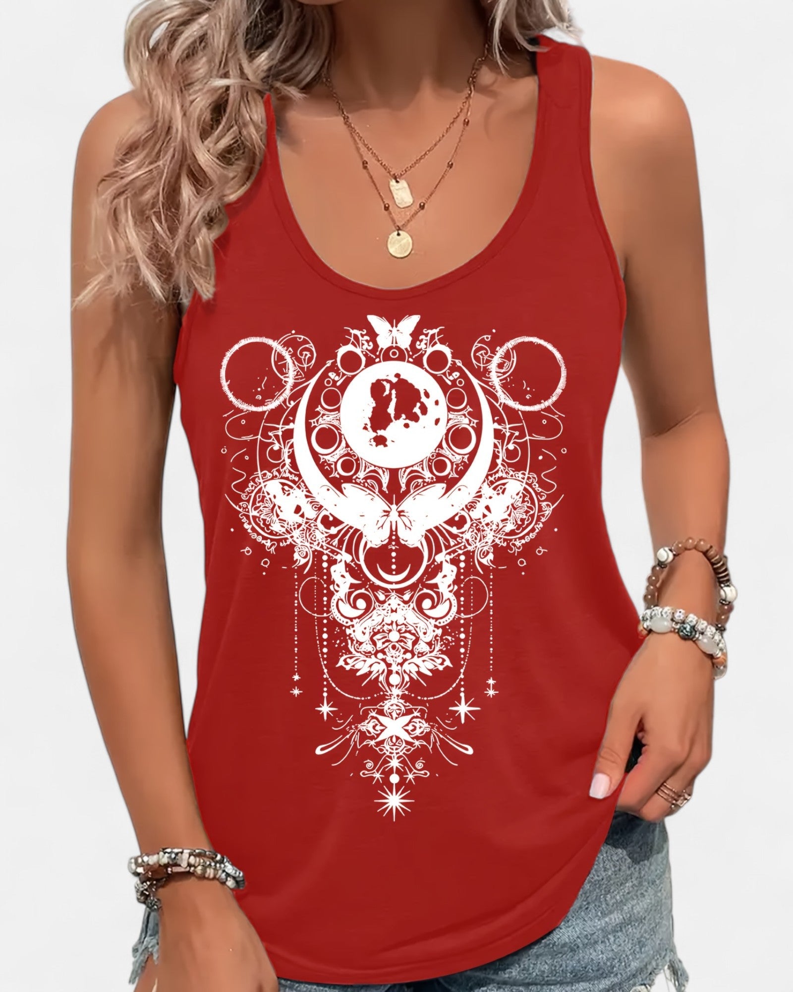 Cerise – Relaxed Cotton Boho Star & Moon Sleeveless Top - Tank Top - Boho Style