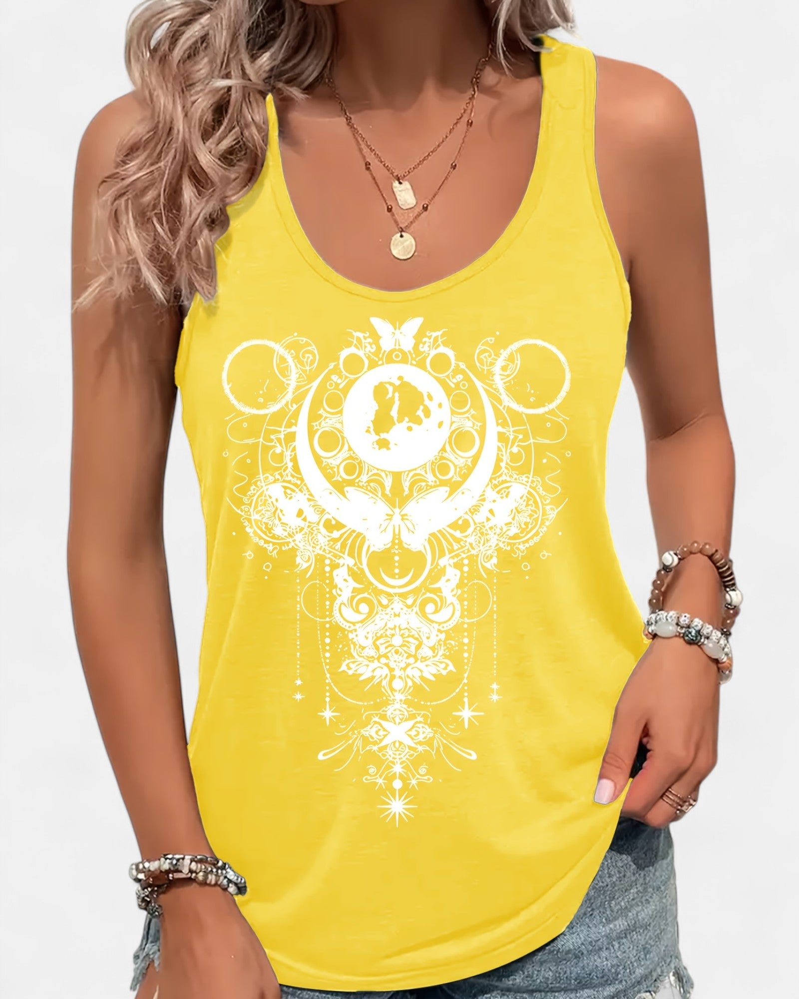 Cerise – Relaxed Cotton Boho Star & Moon Sleeveless Top - Tank Top - Boho Style