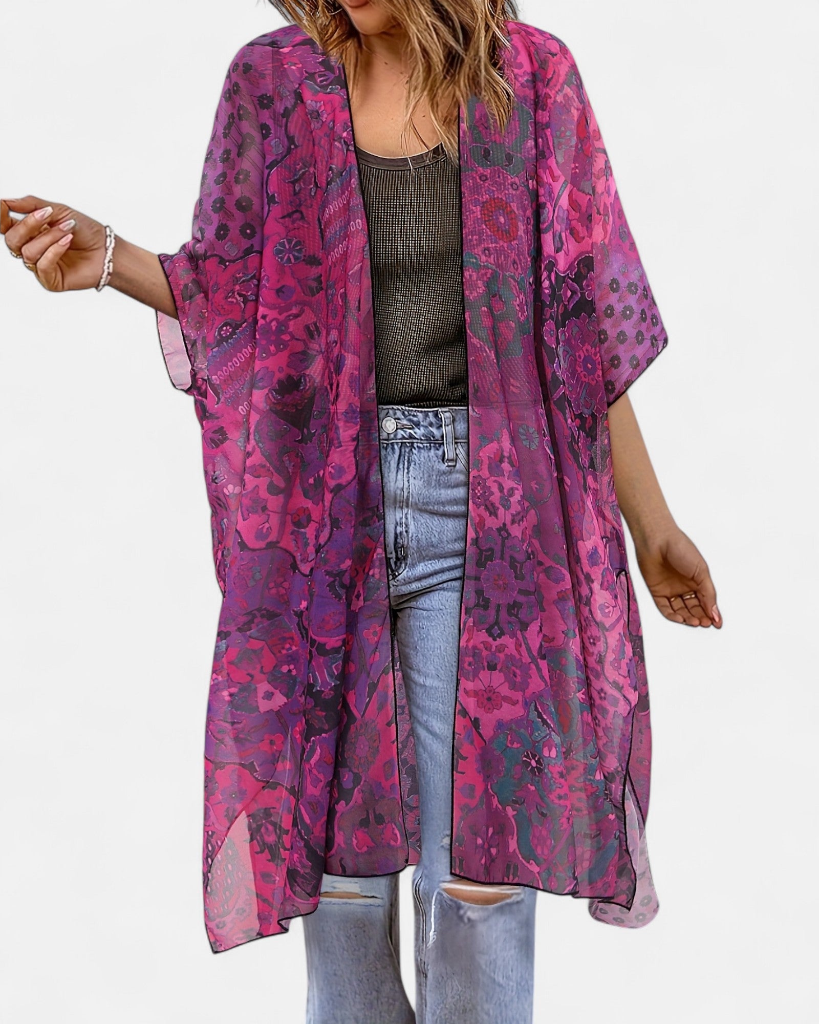 Charlotte – Plus Size Boho Floral Open Kimono Cardigan - Kimono Cardigan - Boho Style