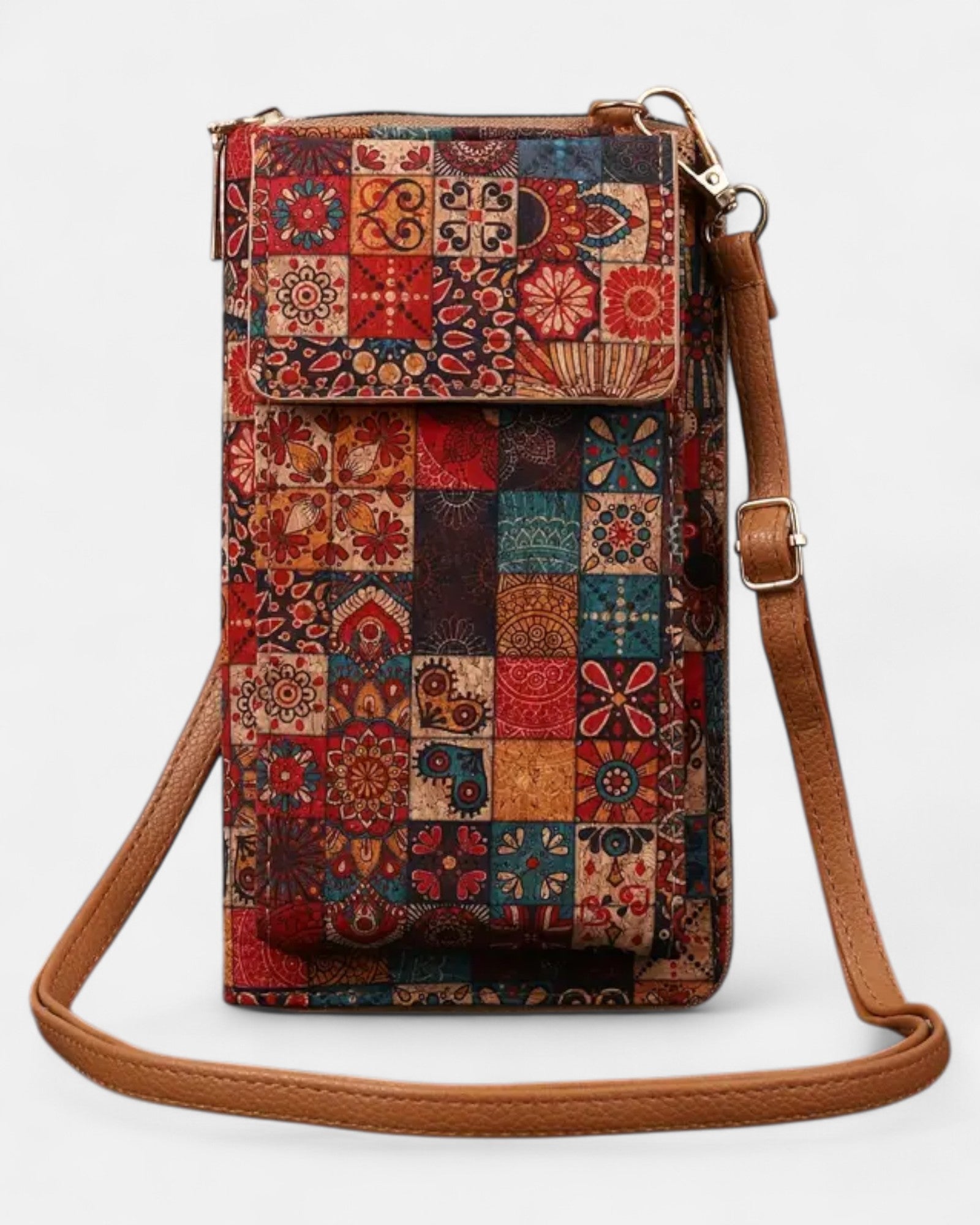 Chloe – Bohemian Floral Leather Crossbody Wallet - Boho Style - Red and Green Flo -