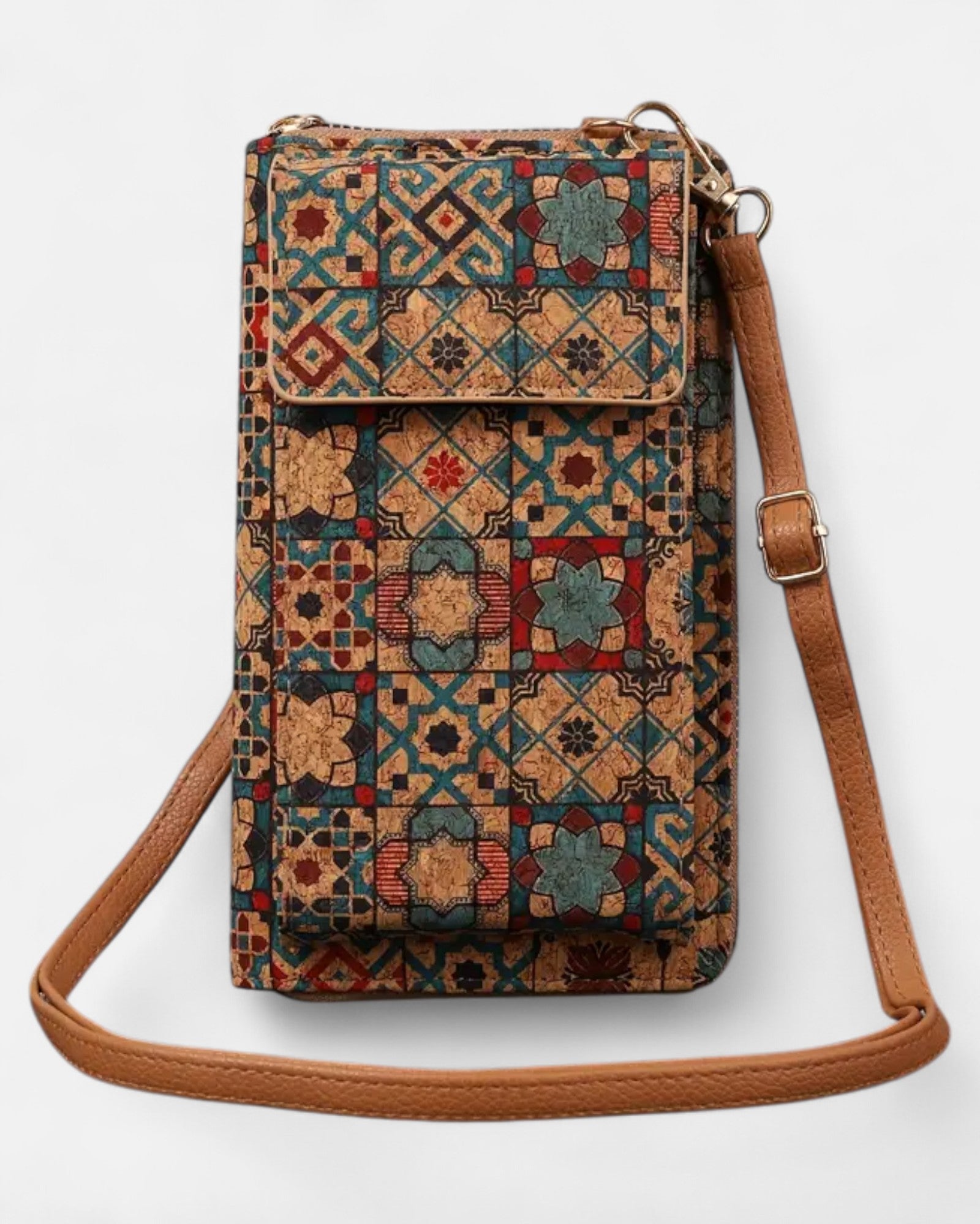 Chloe – Bohemian Floral Leather Crossbody Wallet - Boho Style - Blue and Red Tiles -