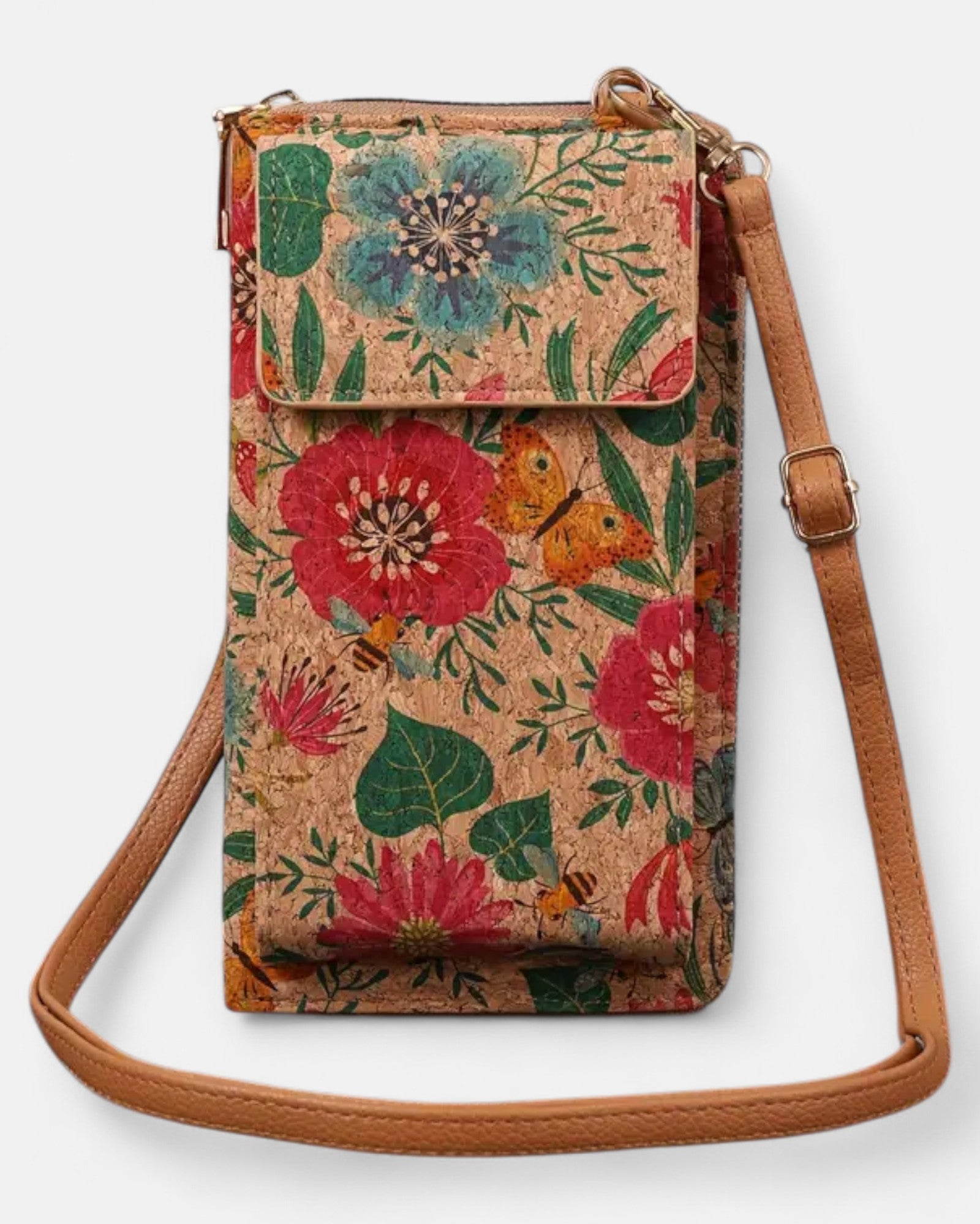 Chloe – Bohemian Floral Leather Crossbody Wallet - Boho Style - Blue and Red Flower -