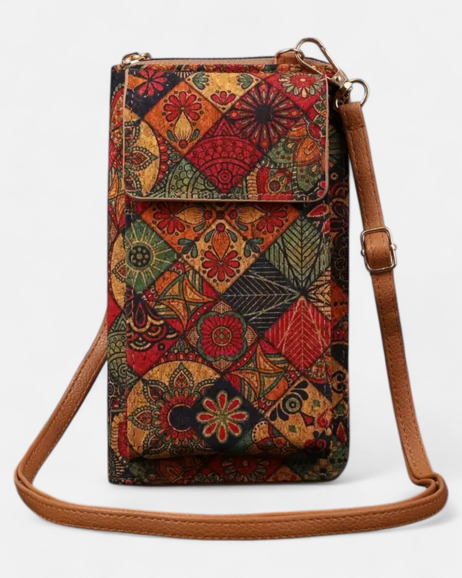 Chloe – Bohemian Floral Leather Crossbody Wallet - Boho Style - Red and Green Flowers -