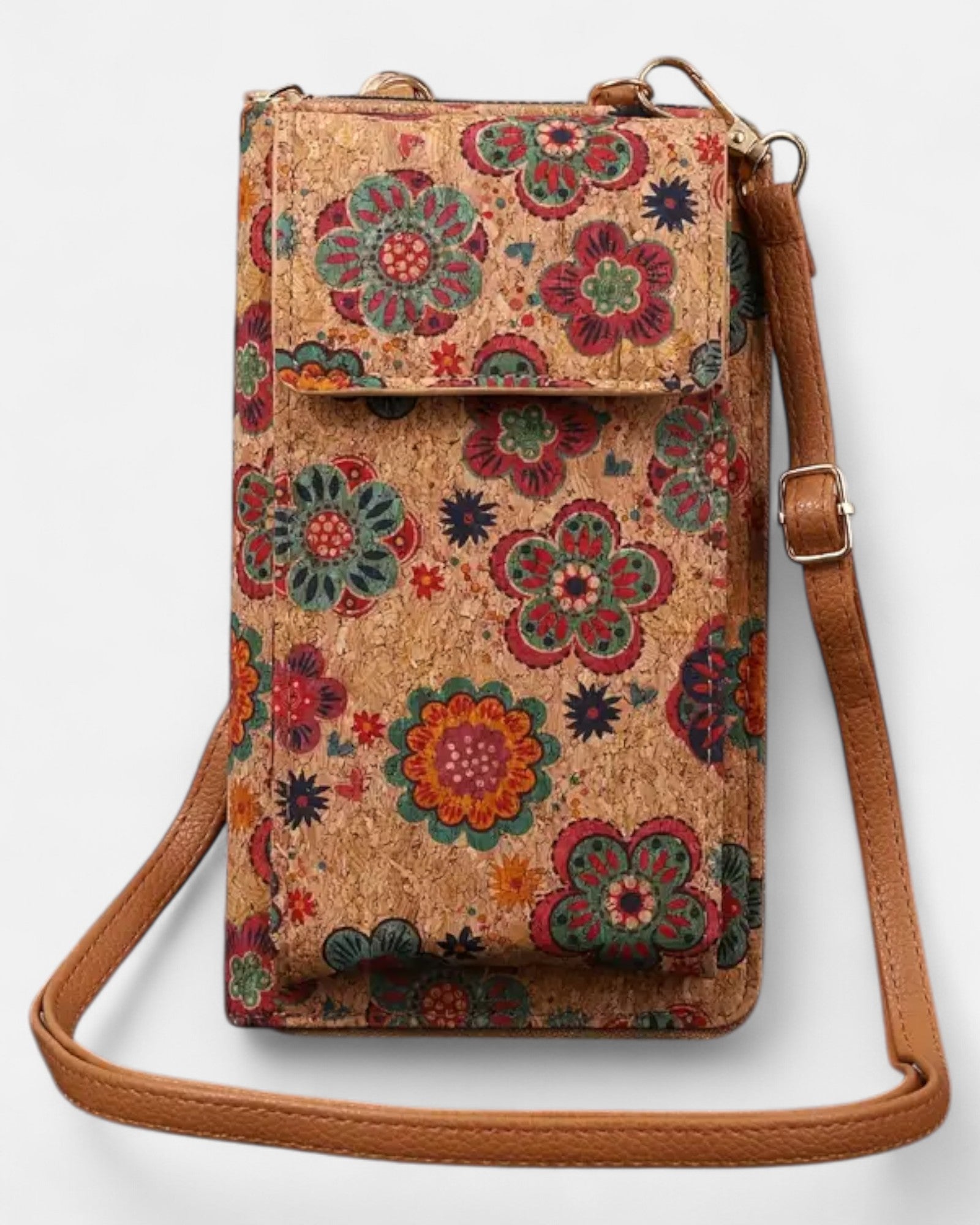 Chloe – Bohemian Floral Leather Crossbody Wallet - Boho Style - Red and Green Flo -
