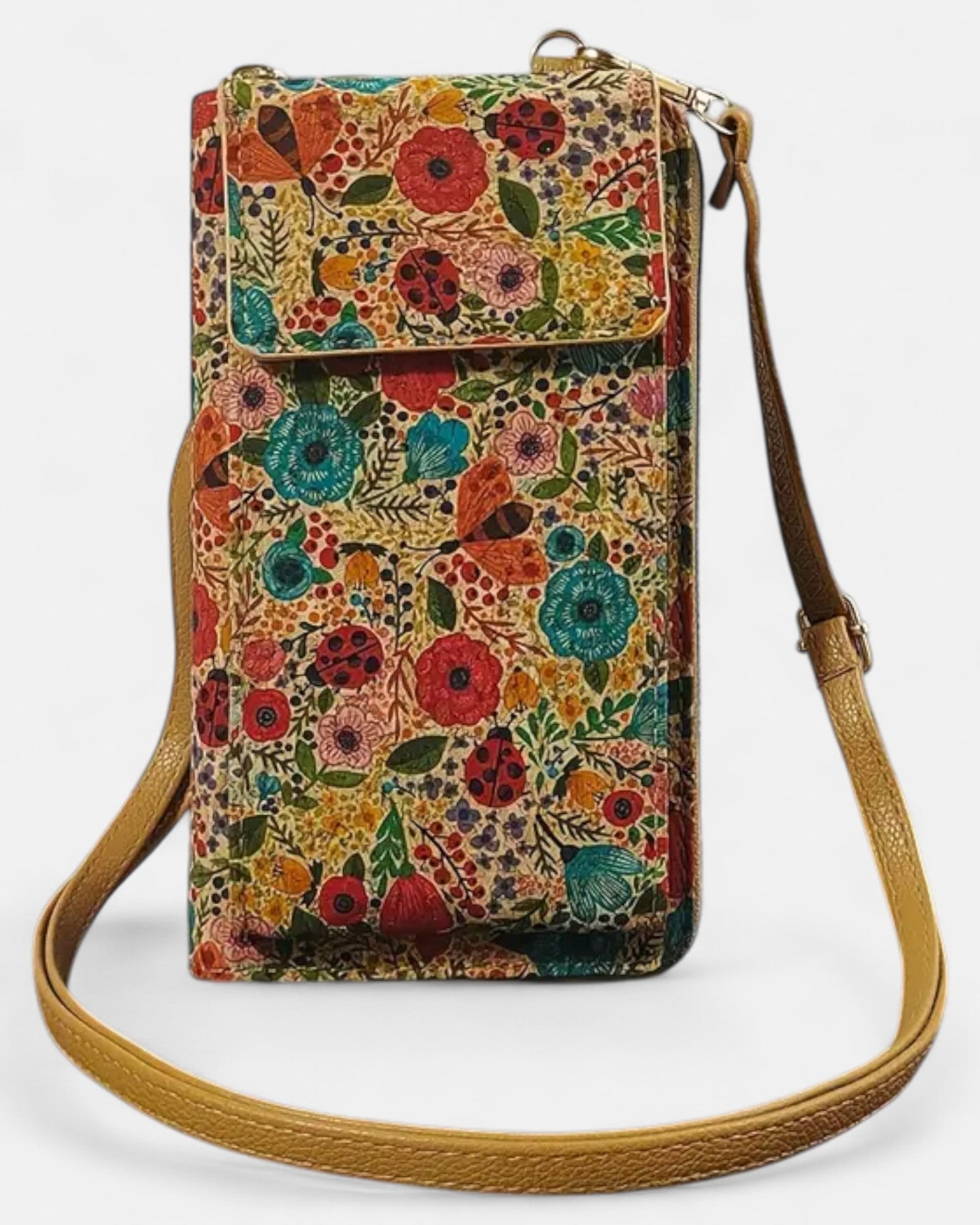 Chloe – Bohemian Floral Leather Crossbody Wallet - Boho Style - Yellow and Blue Flowers -