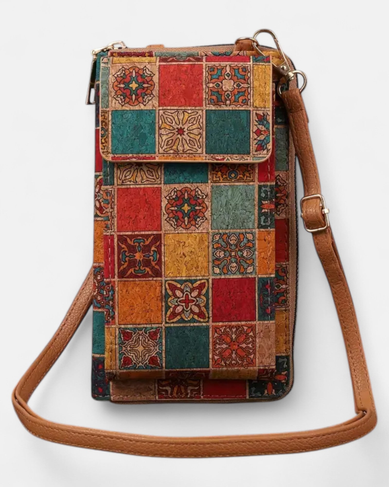 Chloe – Bohemian Floral Leather Crossbody Wallet - Boho Style - Teal and Red tiles -