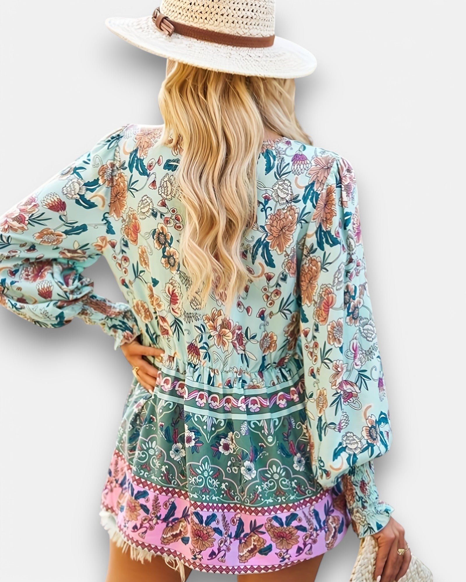 Chloe – Boho Floral Print Shirt with Tassel Neckline - Blouse - Boho Style
