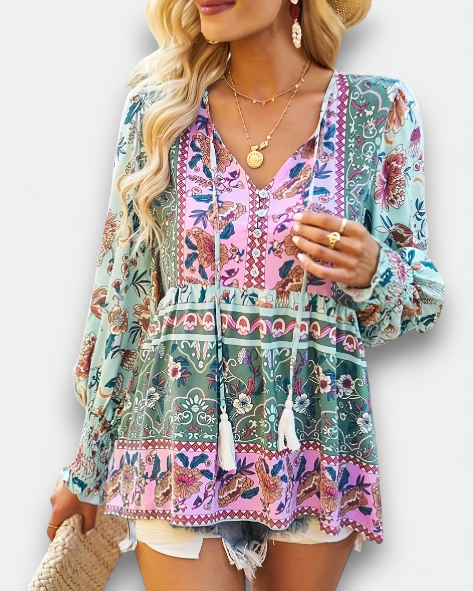 Chloe – Boho Floral Print Shirt with Tassel Neckline - Blouse - Boho Style