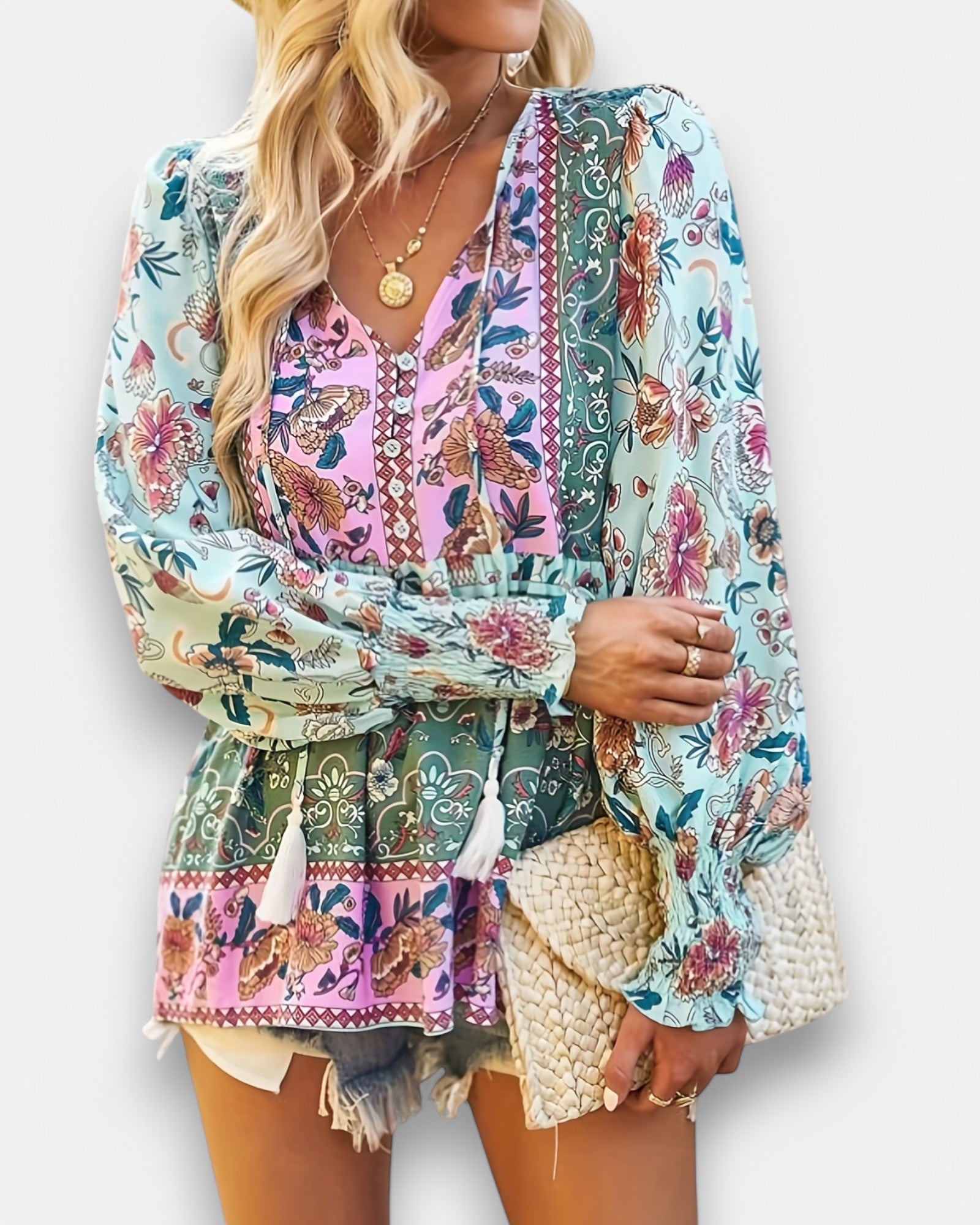 Chloe – Boho Floral Print Shirt with Tassel Neckline - Blouse - Boho Style