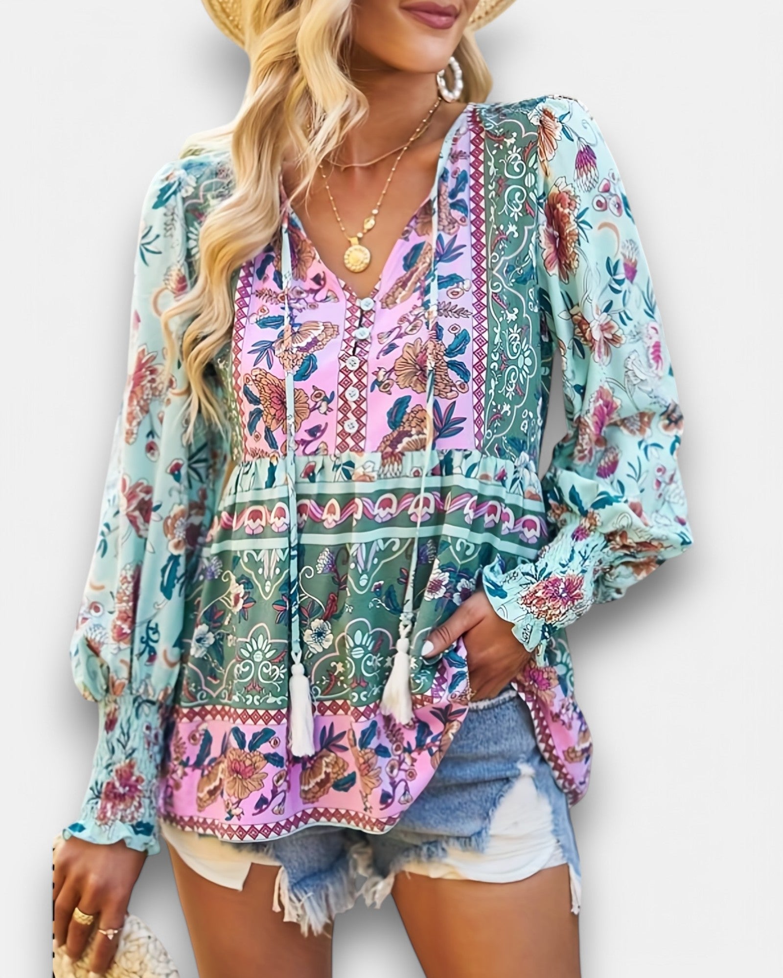 Chloe – Boho Floral Print Shirt with Tassel Neckline - Blouse - Boho Style