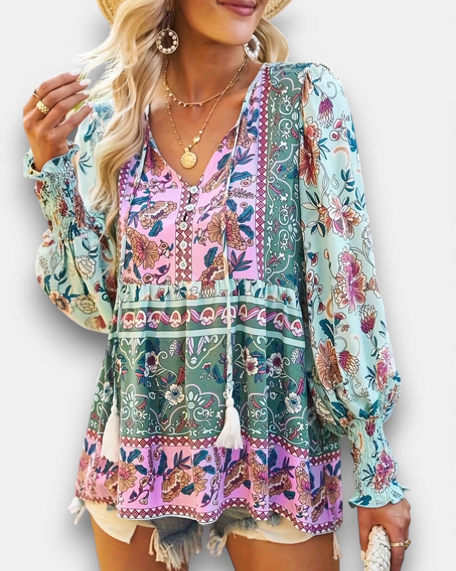 Chloe – Boho Floral Print Shirt with Tassel Neckline - Blouse - Boho Style