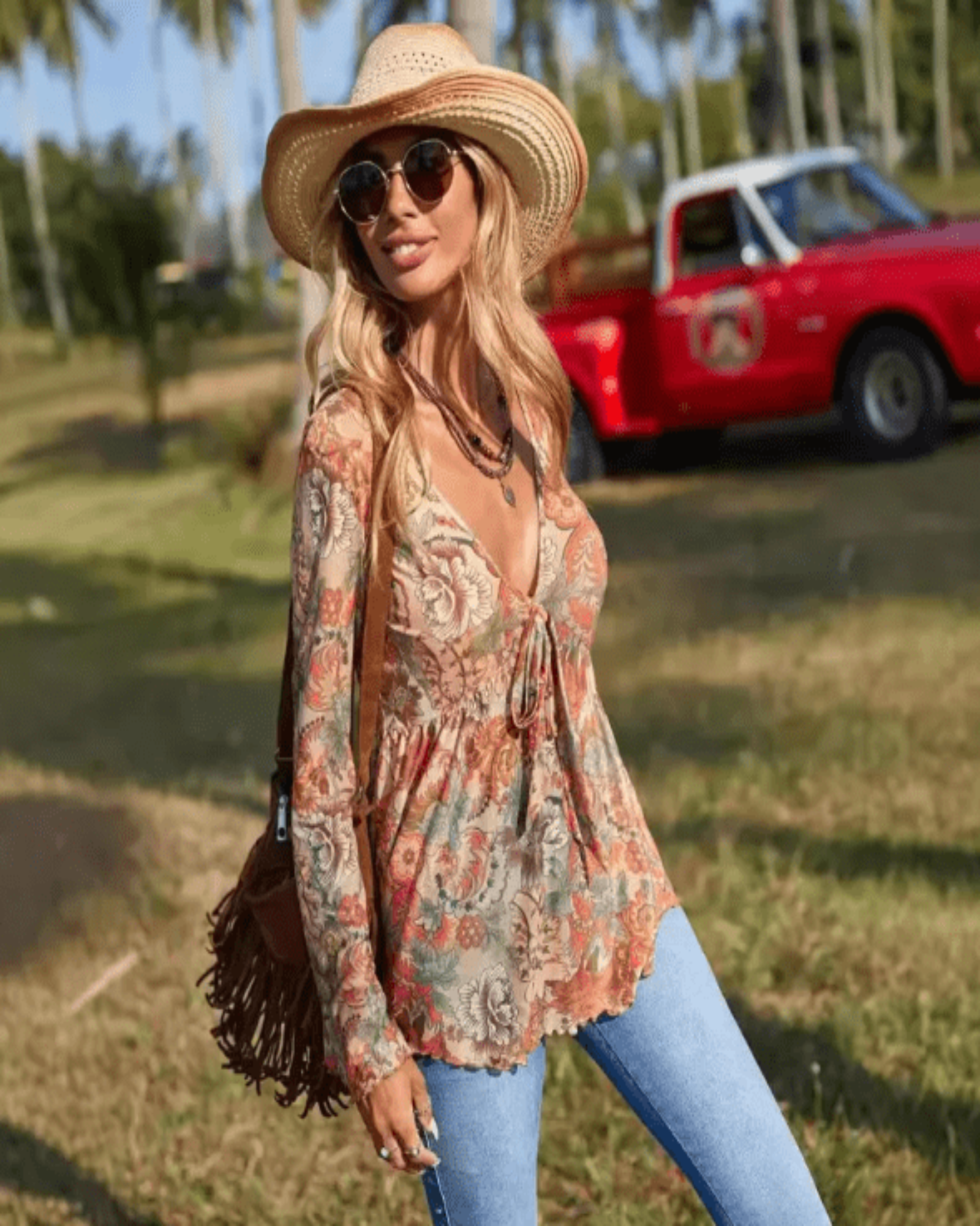 Chloe – Boho Floral Tie Front Blouse with Flare Sleeves - Blouse - Boho Style