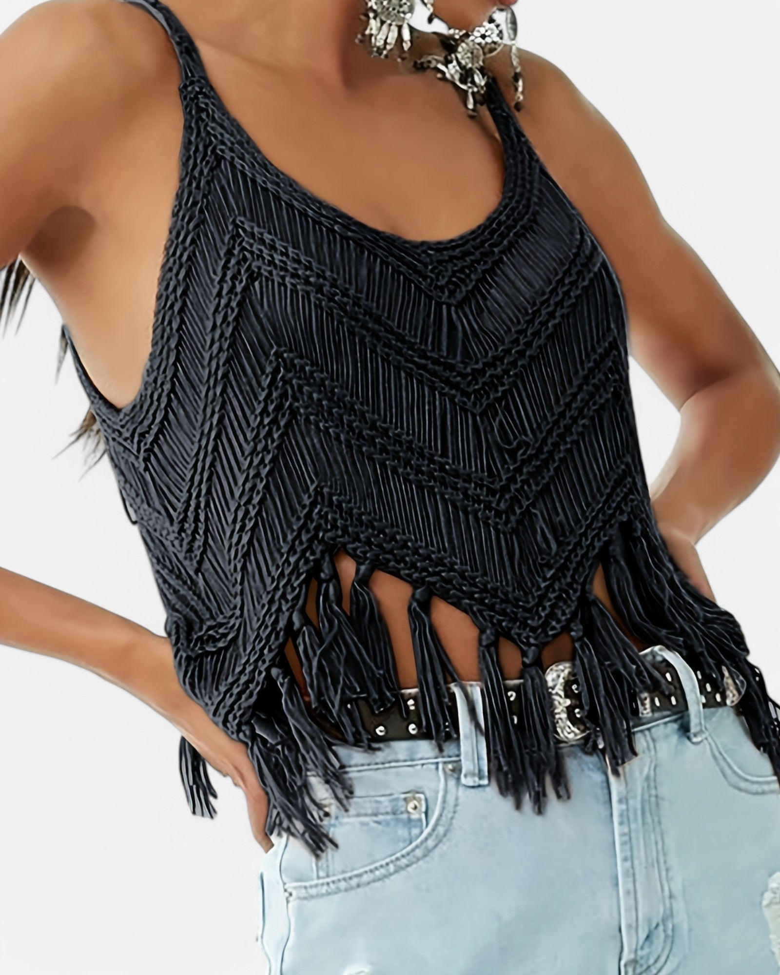 Chloe – Boho Knitted Fringe Camisole in Hollow Design - Camisole - Boho Style