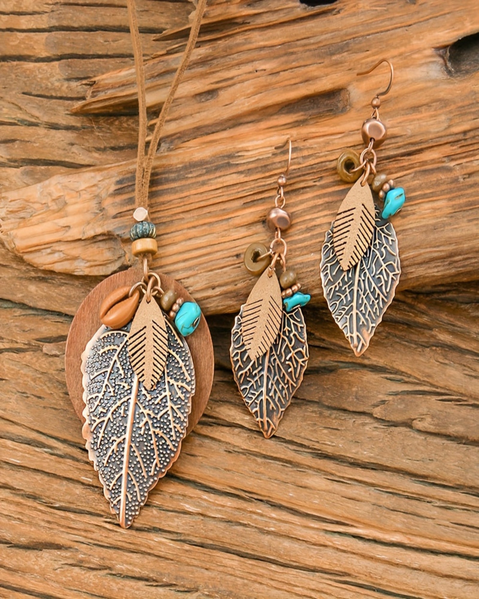 Chloe – Boho Leaf Pendant Necklace & Earring Set - Jewelry Set - Boho Style