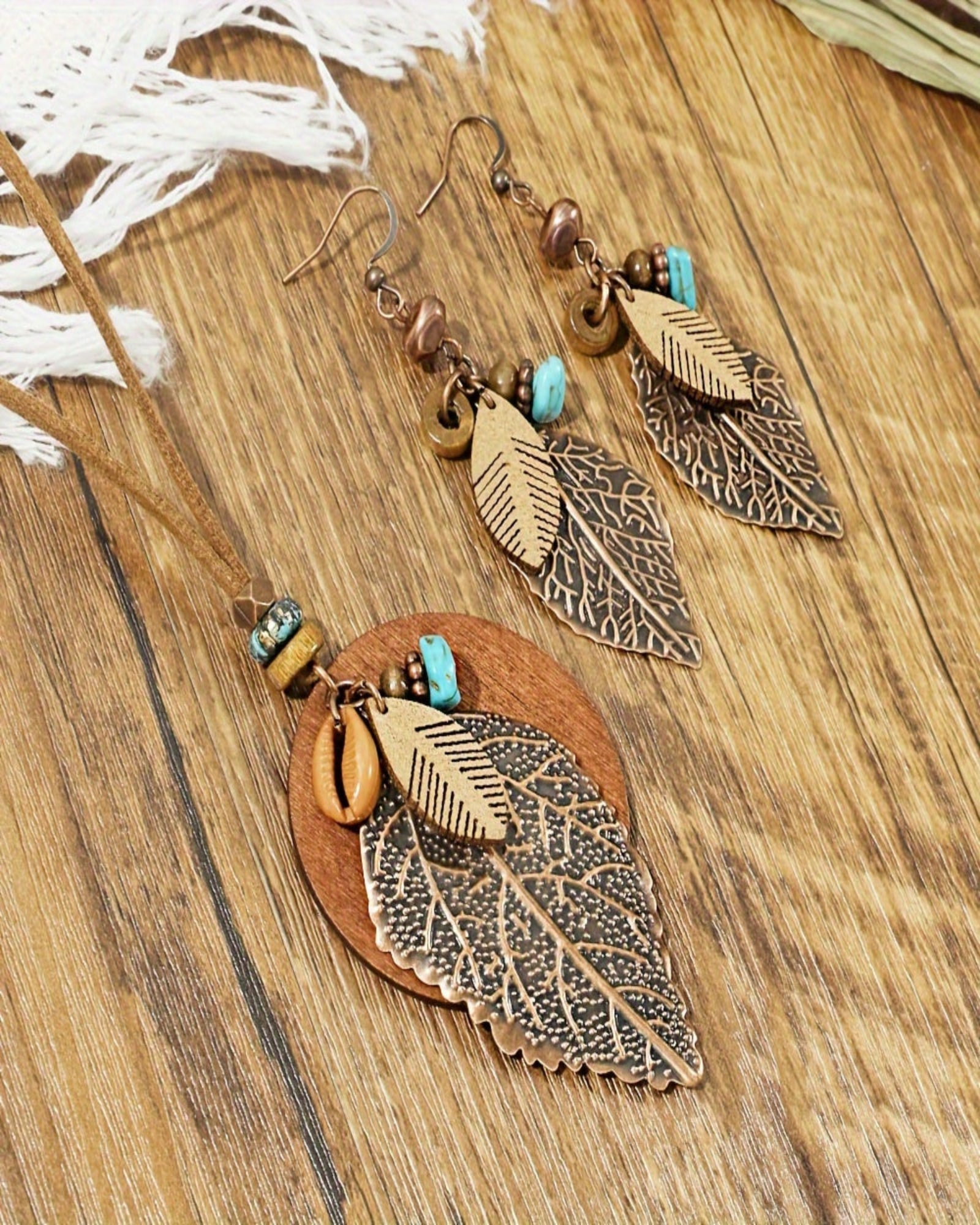 Chloe – Boho Leaf Pendant Necklace & Earring Set - Jewelry Set - Boho Style