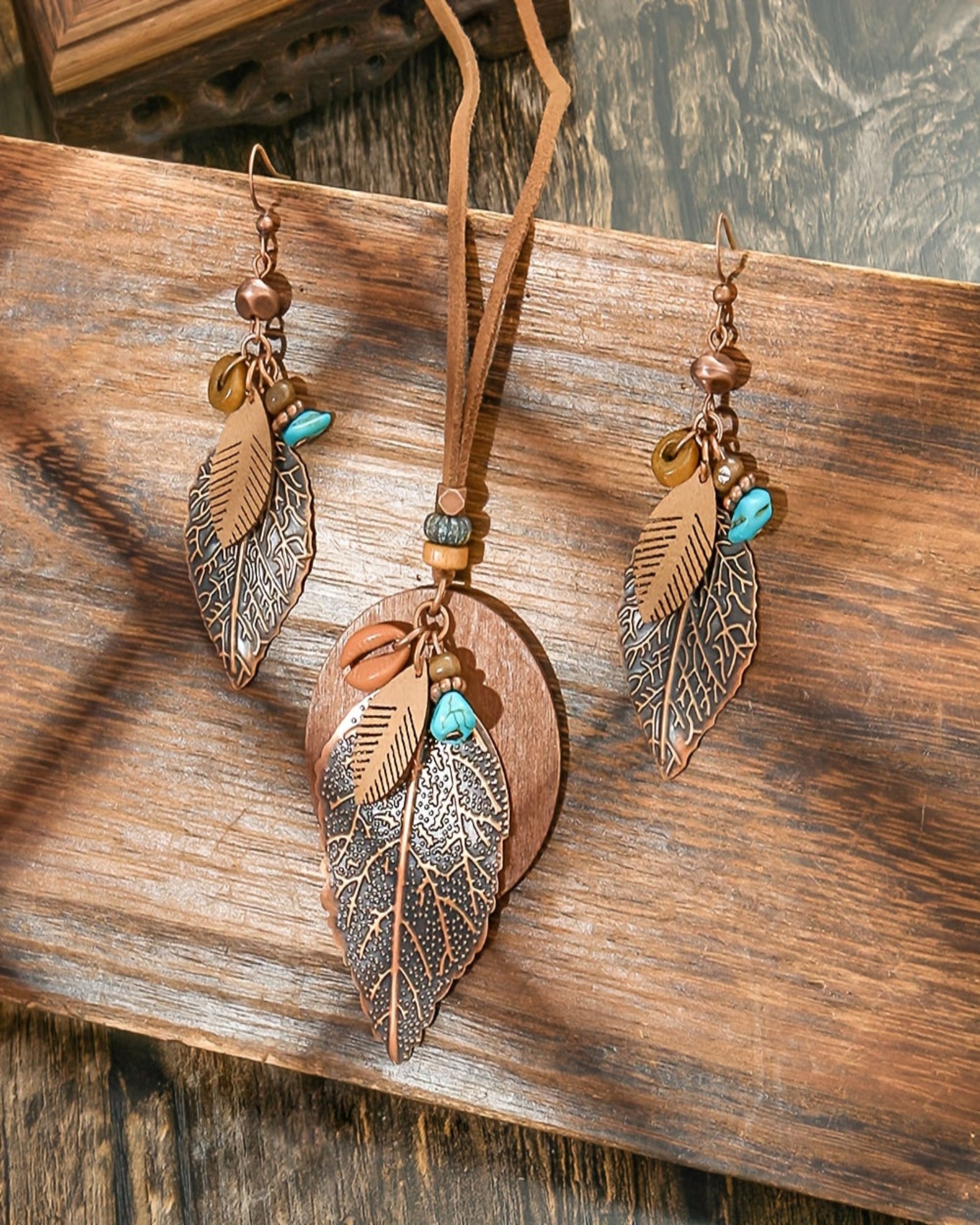Chloe – Boho Leaf Pendant Necklace & Earring Set - Jewelry Set - Boho Style