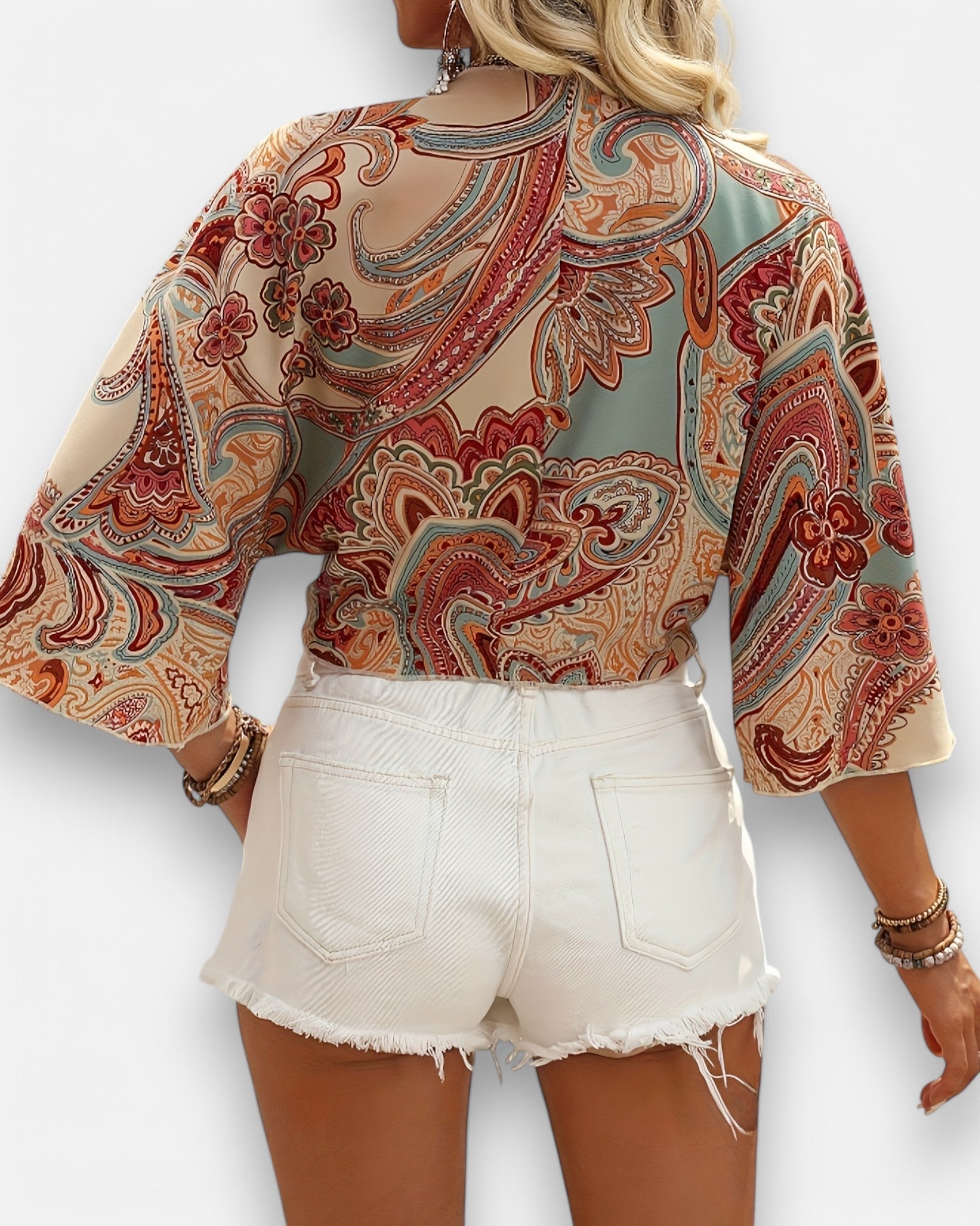 Chloe – Boho Paisley Knot - Front Crop Top with Flowy Bell Sleeves - Crop top - Boho Style