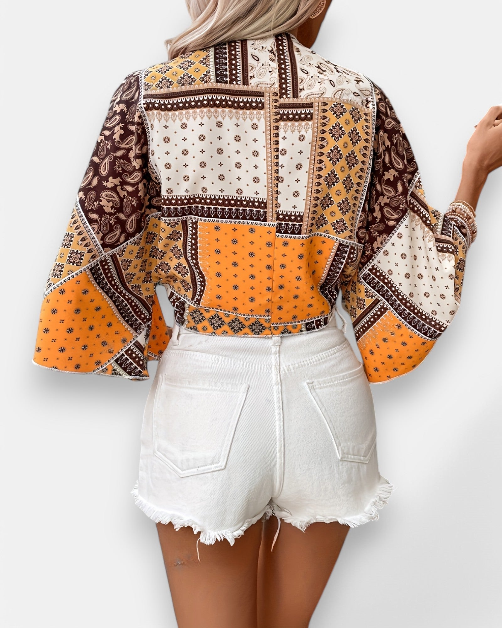 Chloe – Boho Paisley Knot - Front Crop Top with Flowy Bell Sleeves - Crop top - Boho Style