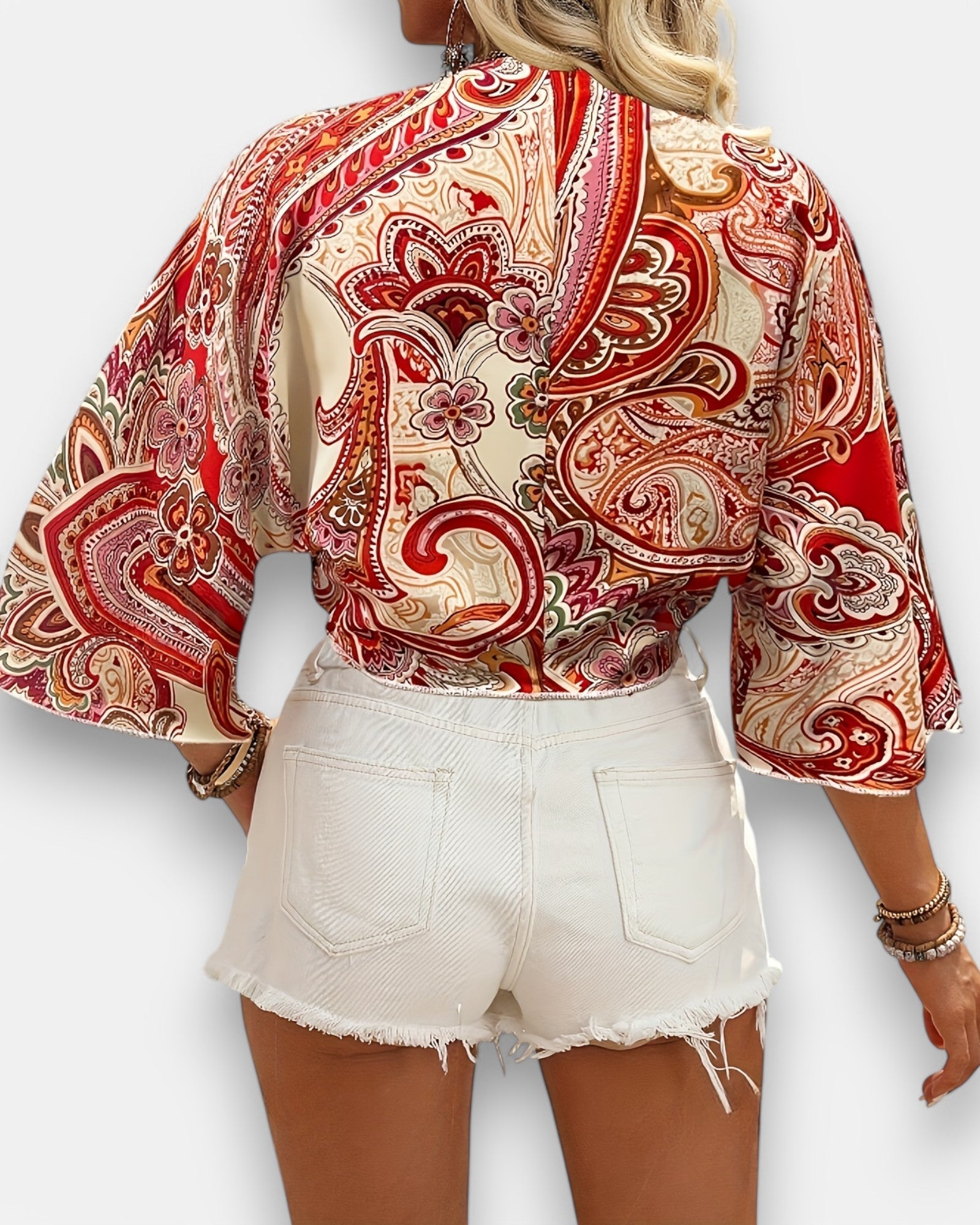 Chloe – Boho Paisley Knot - Front Crop Top with Flowy Bell Sleeves - Crop top - Boho Style