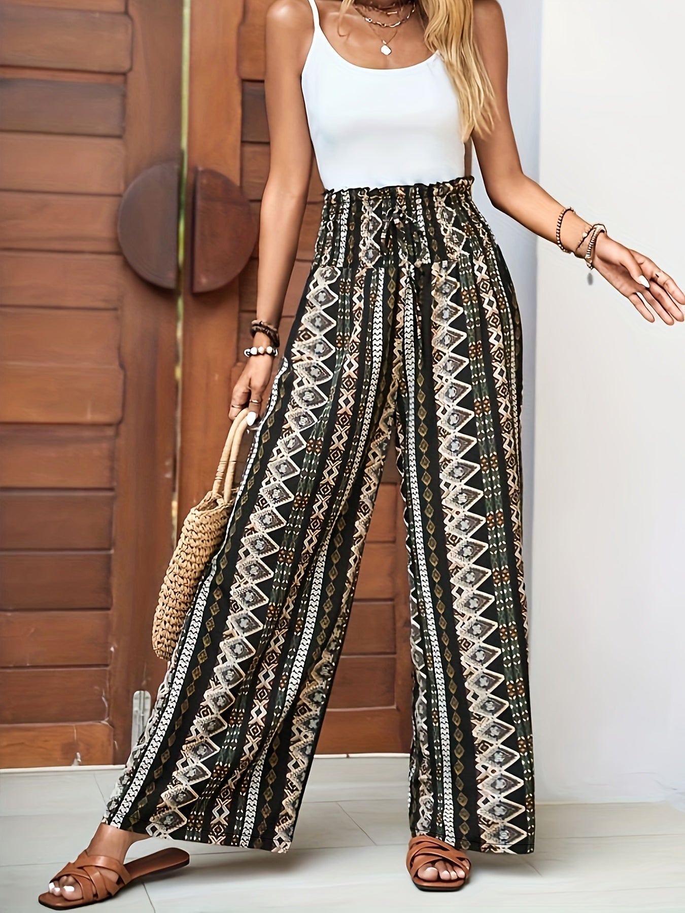 Chloe – Ethnic Print Wide Leg Boho Trousers for Women - Trouser - Boho Style
