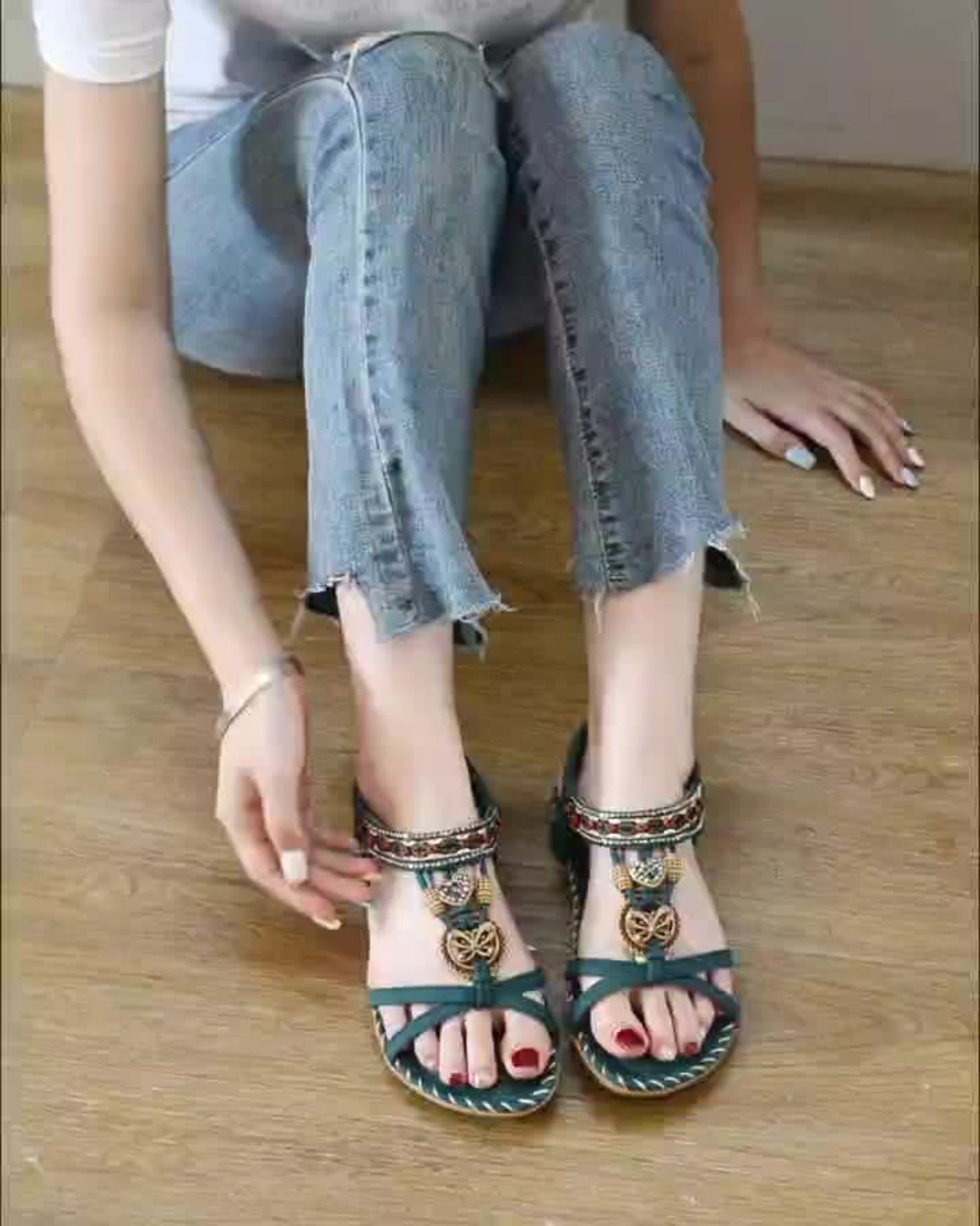 Chloe – Handmade Bohemian Sandals - Boho Style - Dark Green - UK 3 -
