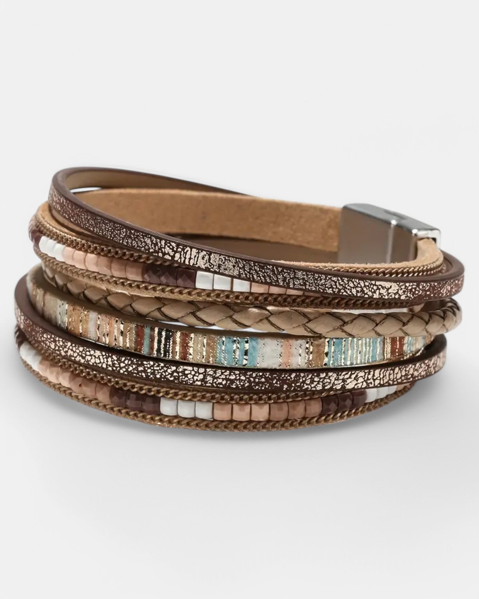 Clara – Boho Leather Bracelet with Magnetic Clasp - Boho Style - Khaki -
