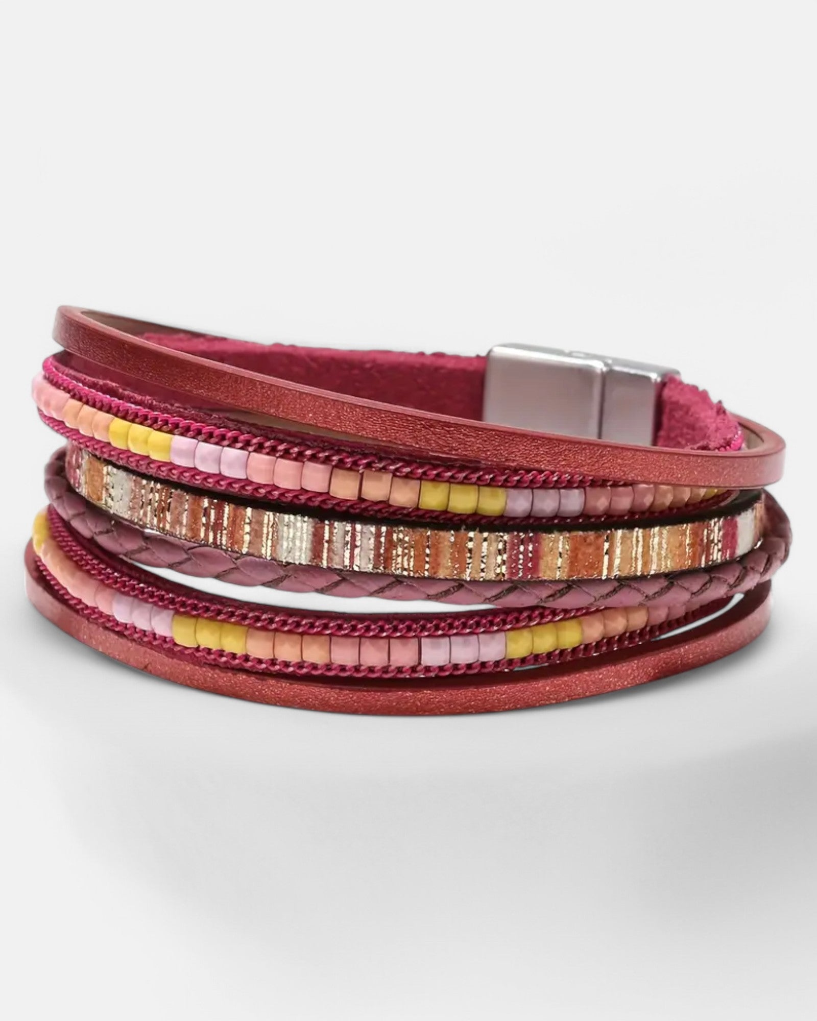 Clara – Boho Leather Bracelet with Magnetic Clasp - Boho Style - Red -
