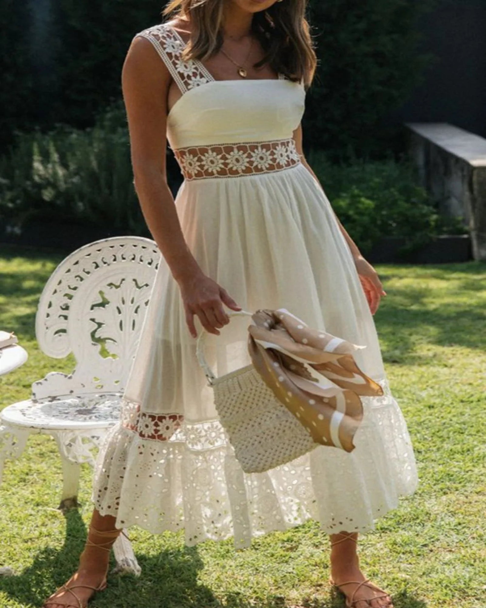 Cosima – Boho Lace Square Neck Midi Cami Dress - Dresse - Boho Style