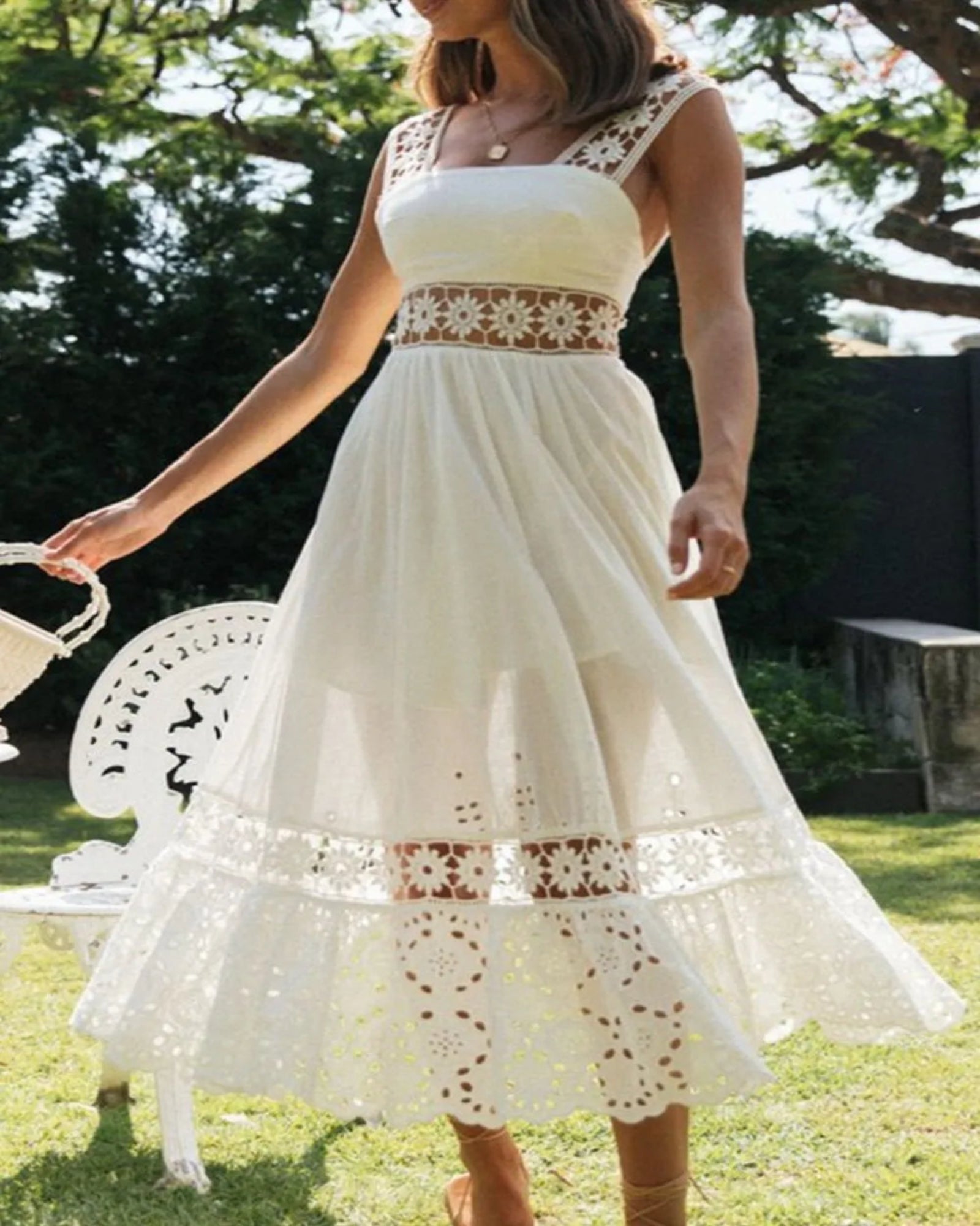 Cosima – Boho Lace Square Neck Midi Cami Dress - Dresse - Boho Style