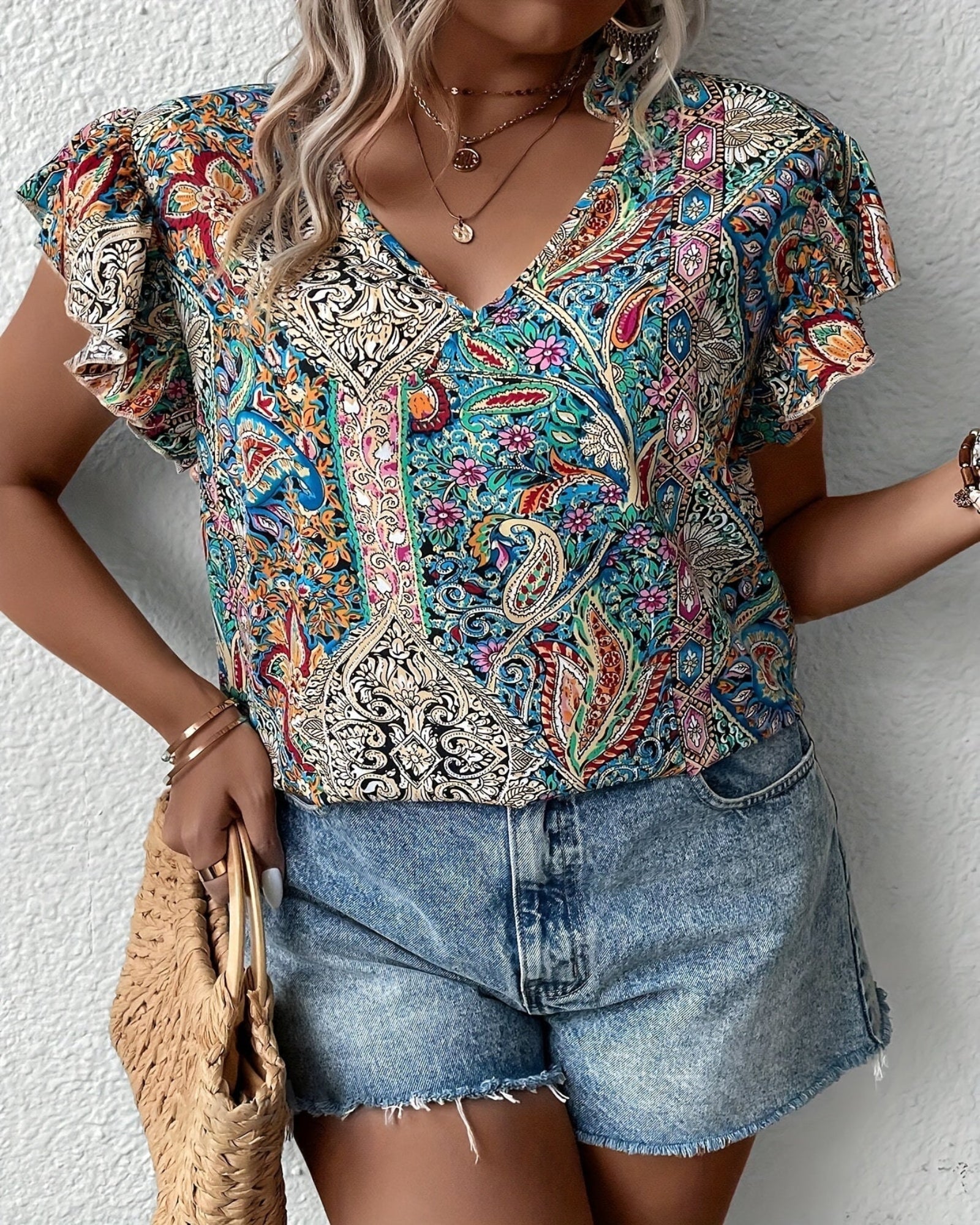 Delilah – Plus Size Boho Paisley Flutter Sleeve Blouse - Blouse - Boho Style