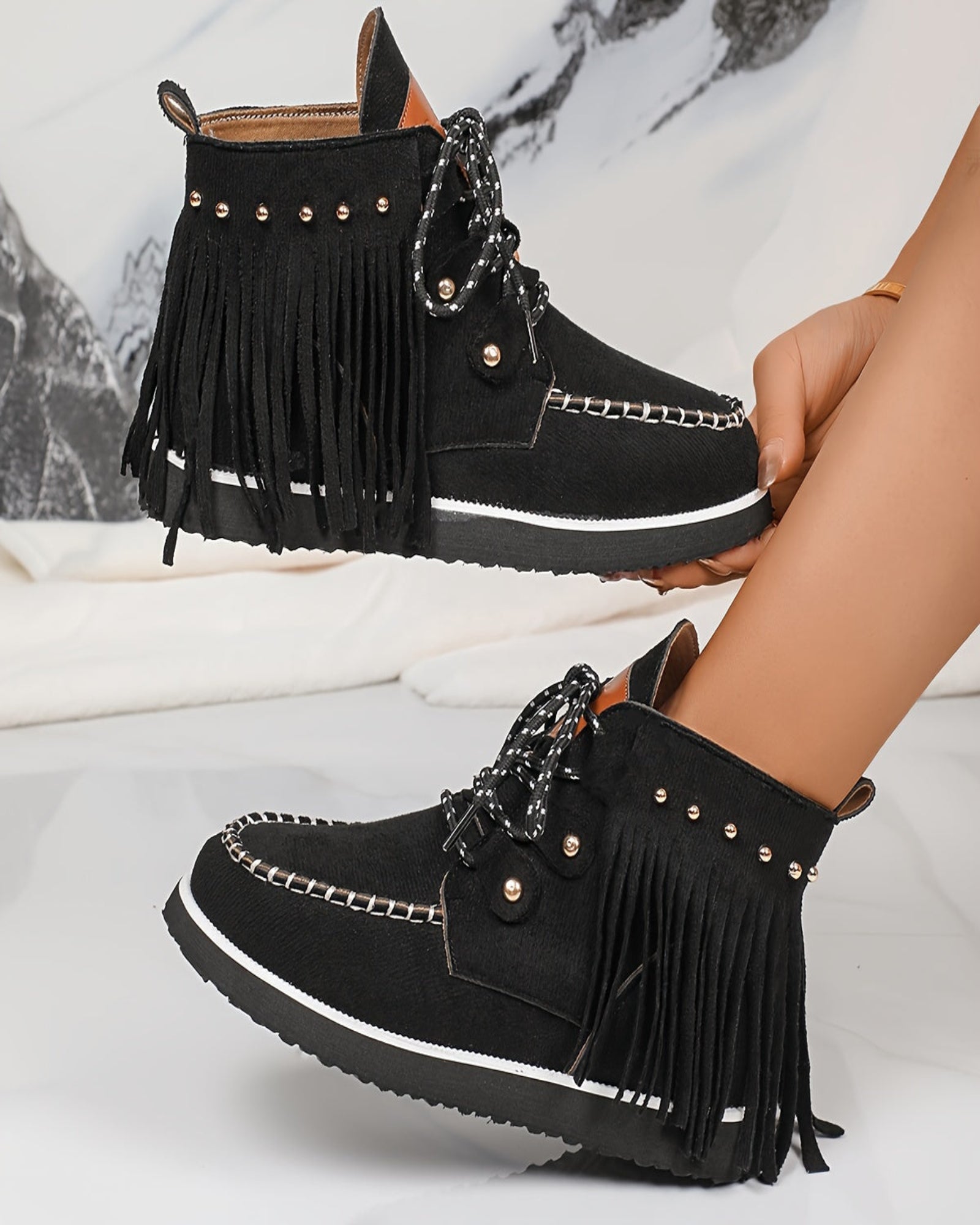 Eirlys – Boho Velvet Lace - Up Booties with Tassel Trim - Boots - Boho Style