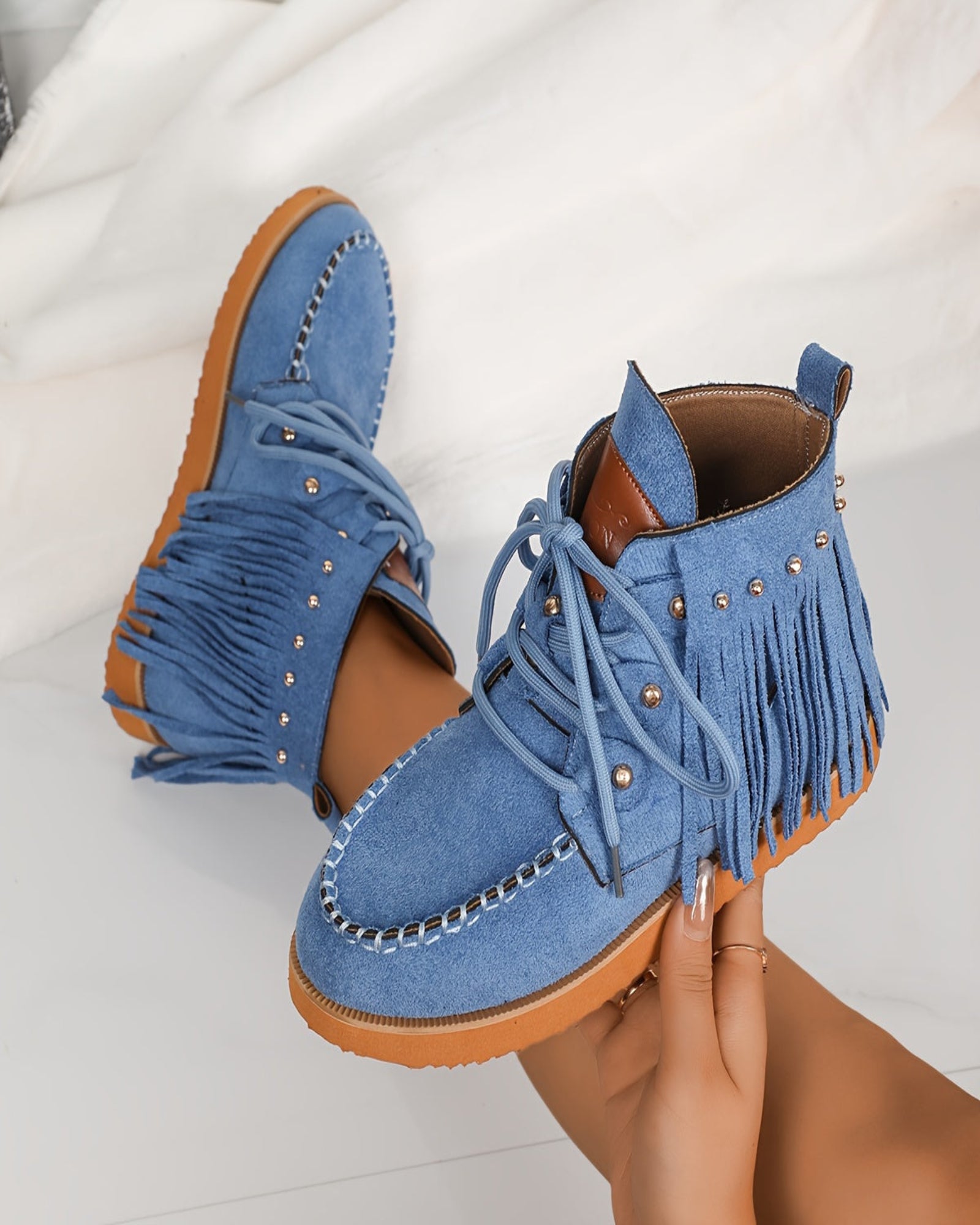 Eirlys – Boho Velvet Lace - Up Booties with Tassel Trim - Boots - Boho Style