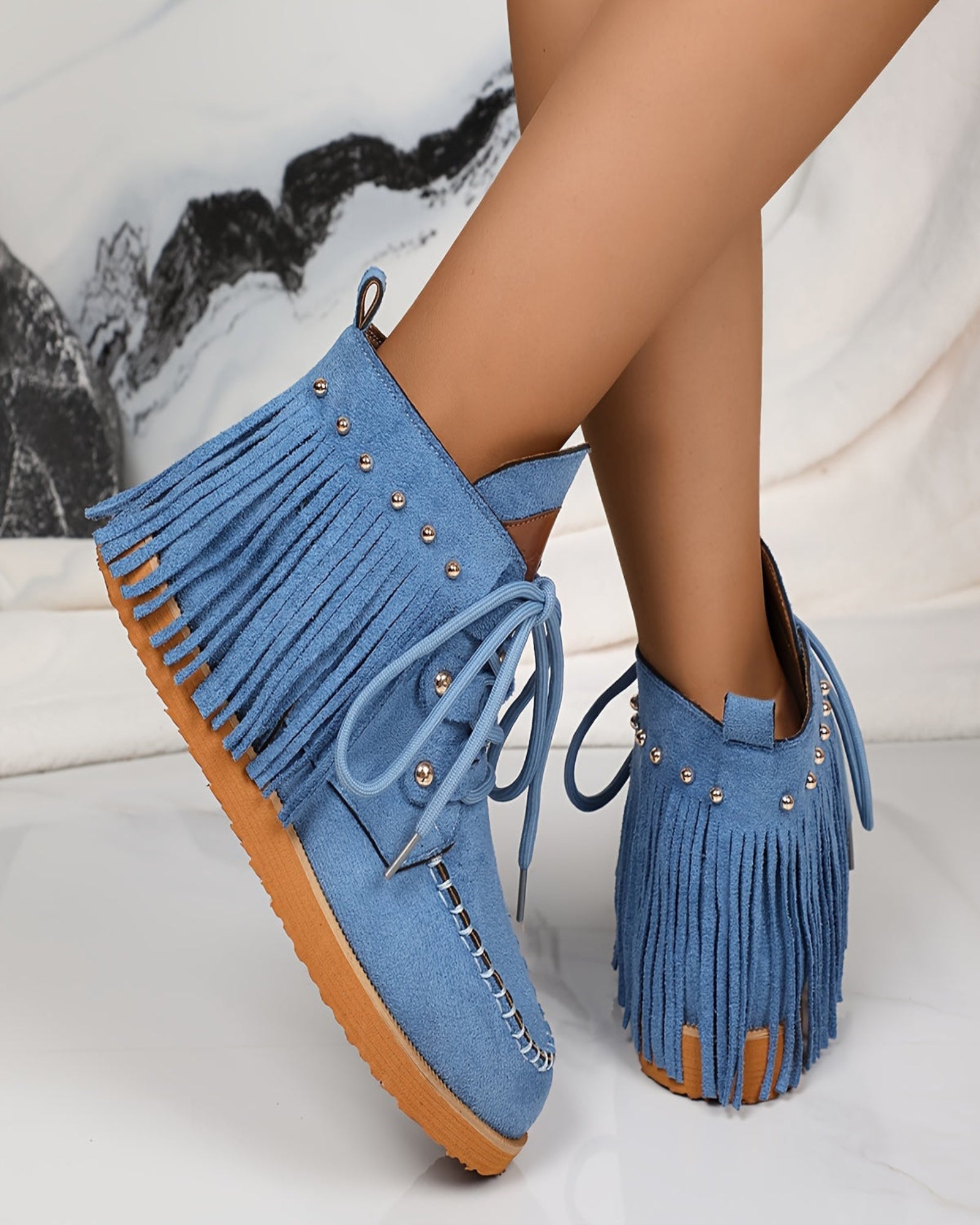 Eirlys – Boho Velvet Lace - Up Booties with Tassel Trim - Boots - Boho Style