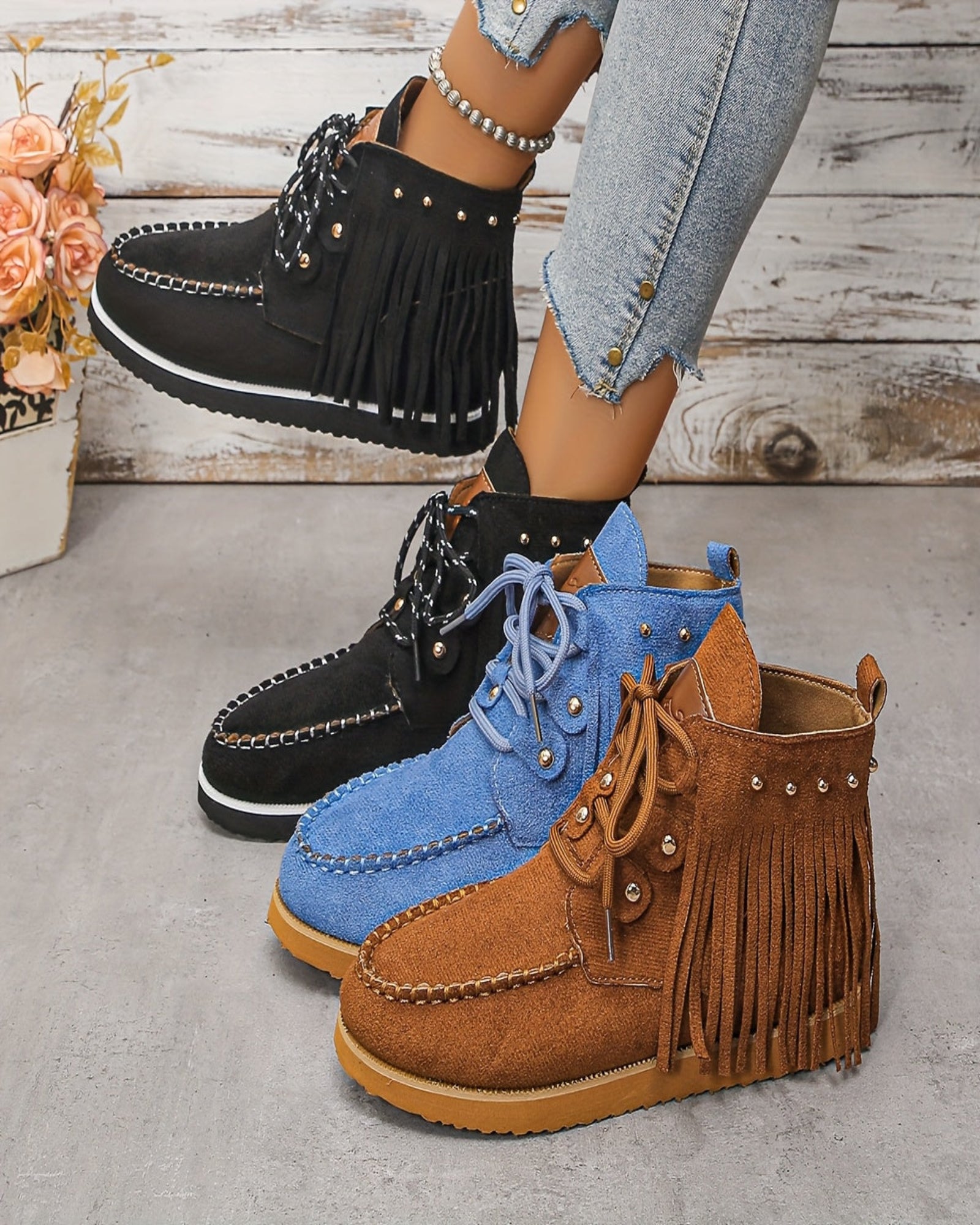 Eirlys – Boho Velvet Lace - Up Booties with Tassel Trim - Boots - Boho Style