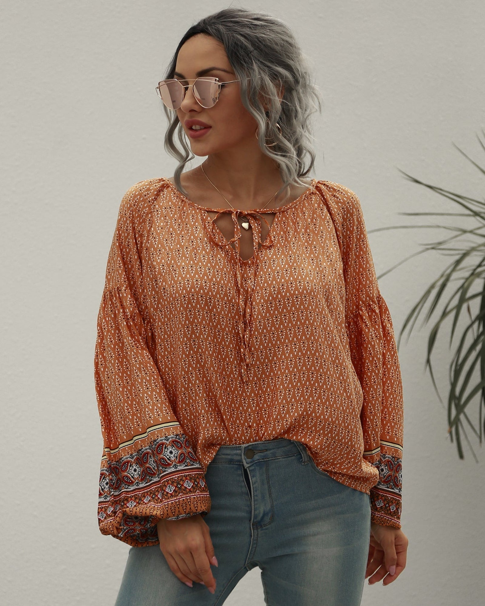Elena – Vintage Print Boho Tie Blouse - Blouse - Boho Style