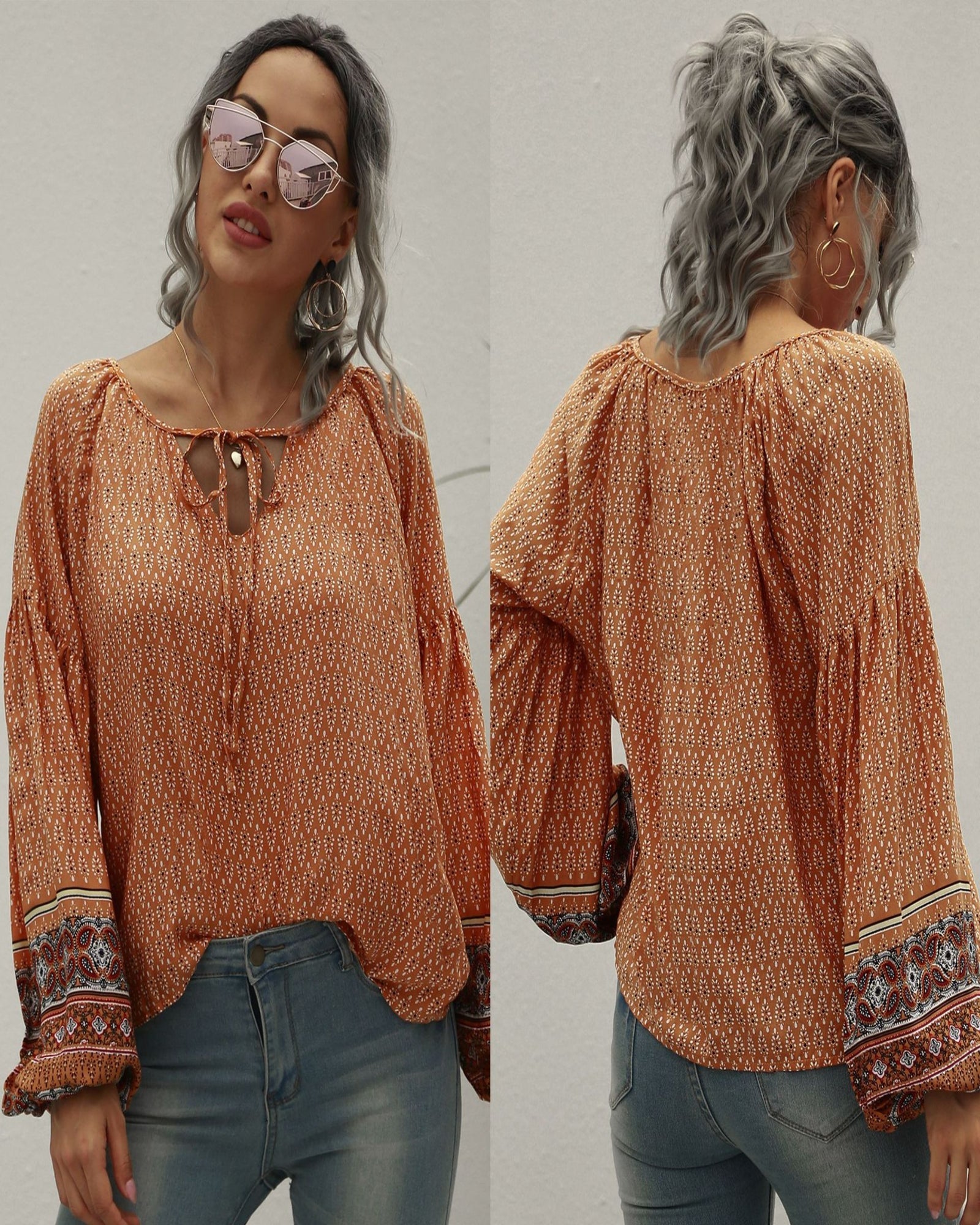 Elena – Vintage Print Boho Tie Blouse - Blouse - Boho Style