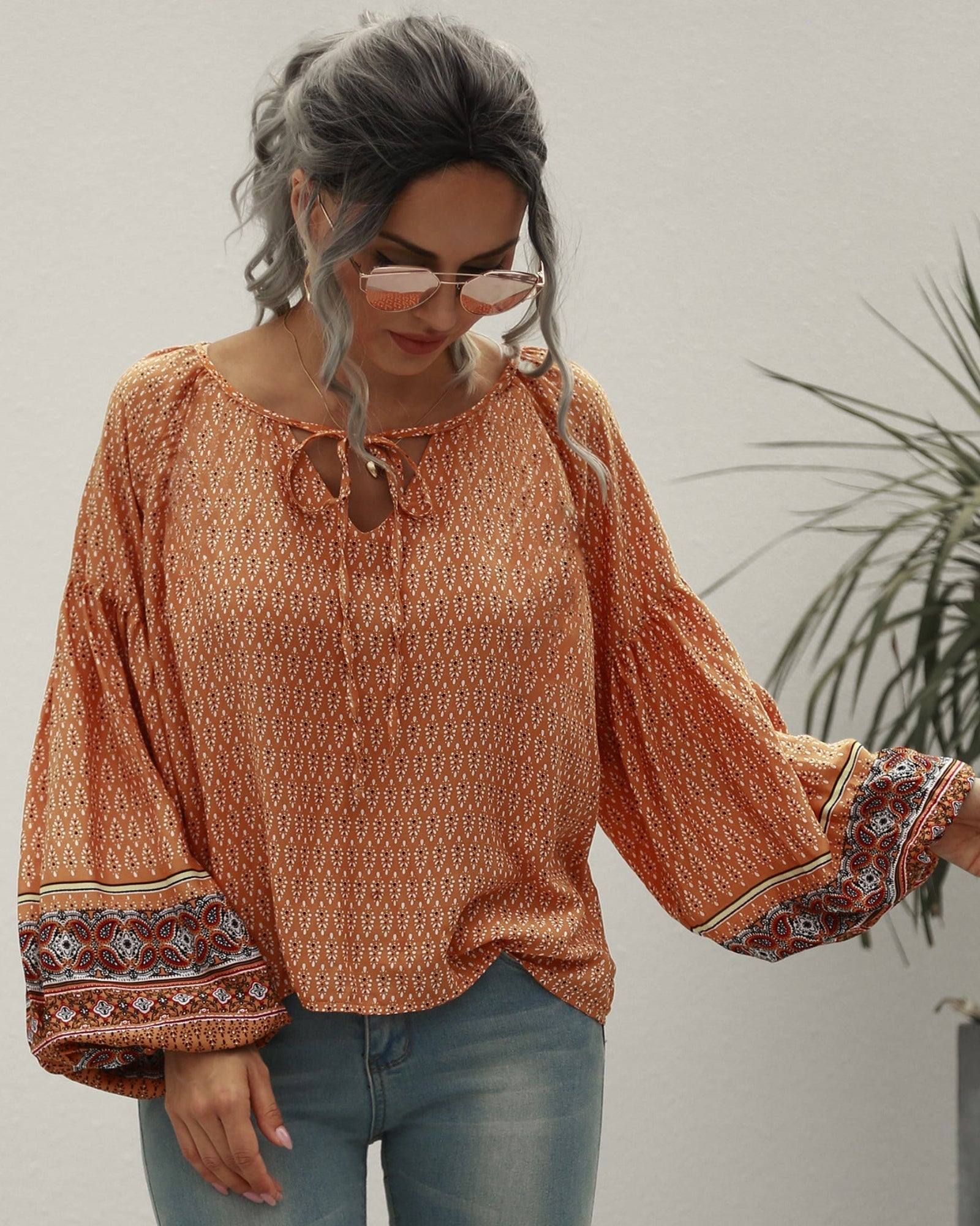 Elena – Vintage Print Boho Tie Blouse - Blouse - Boho Style