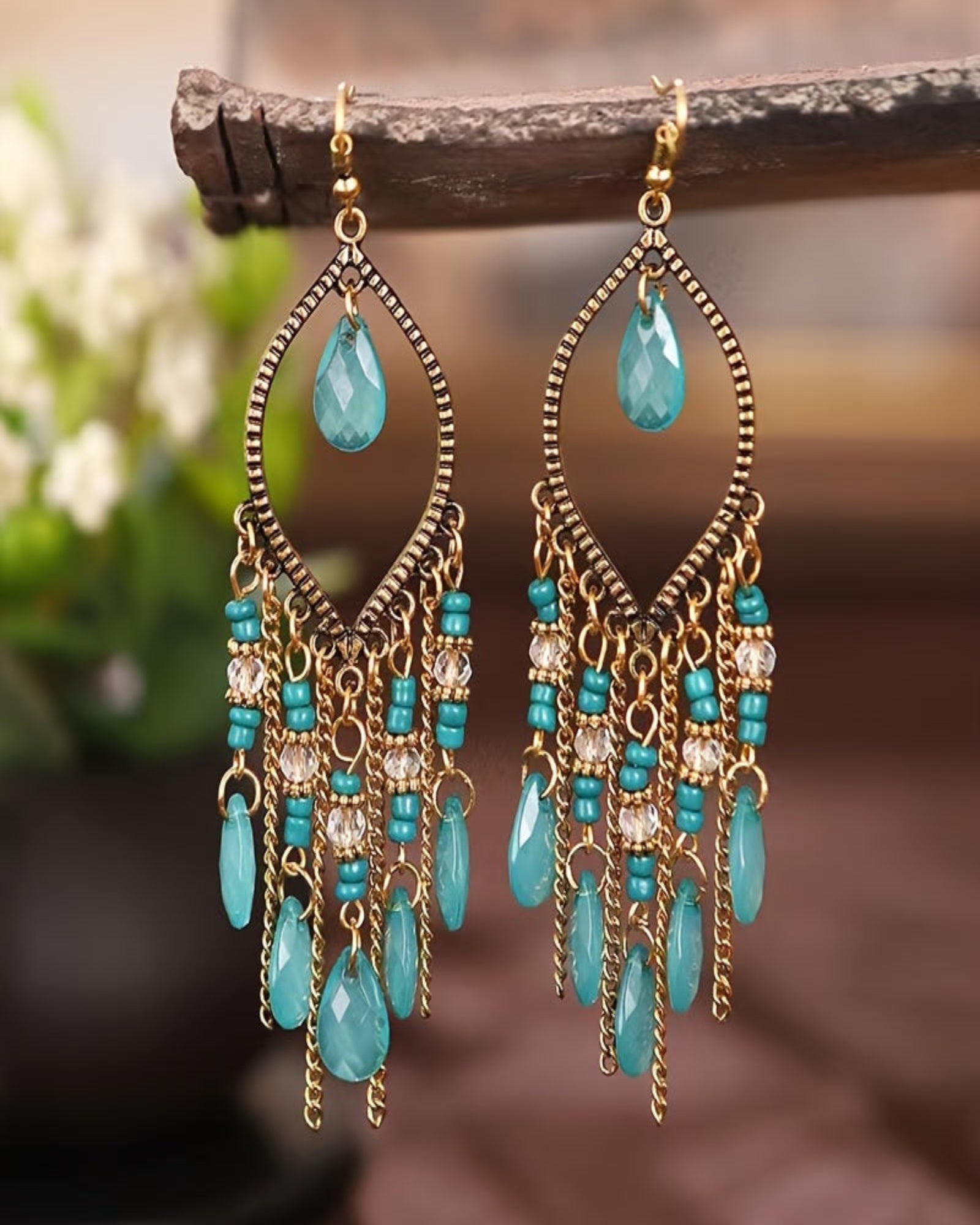 Ella – Boho Hollow Leaf Rhinestone Tassel Earrings - Earrings - Boho Style