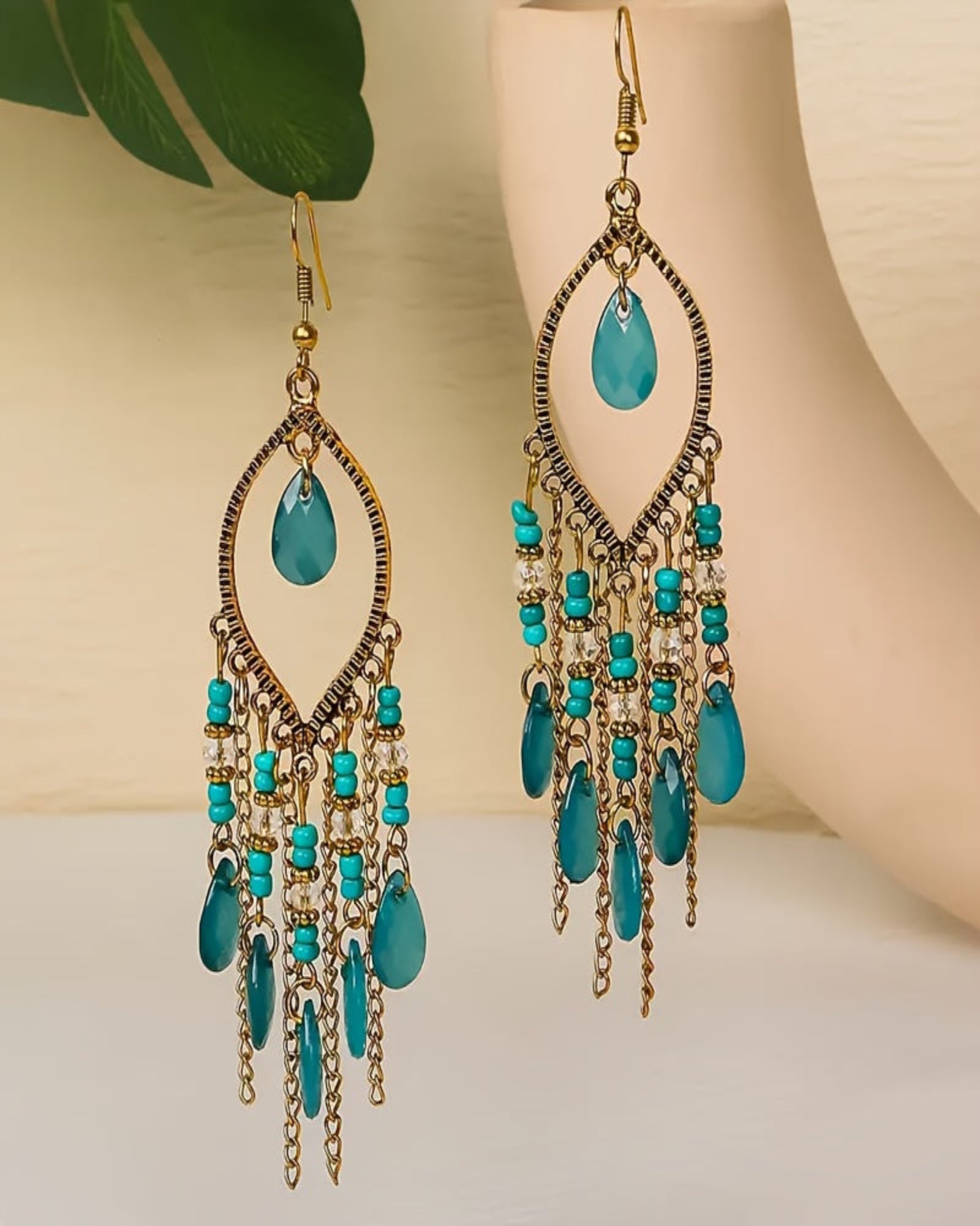 Ella – Boho Hollow Leaf Rhinestone Tassel Earrings - Earrings - Boho Style