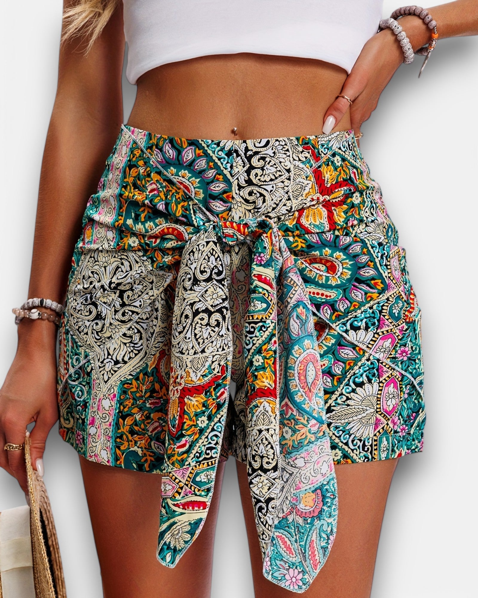 Ella – Boho Paisley High Waist Shorts with Knot Front - Short - Boho Style