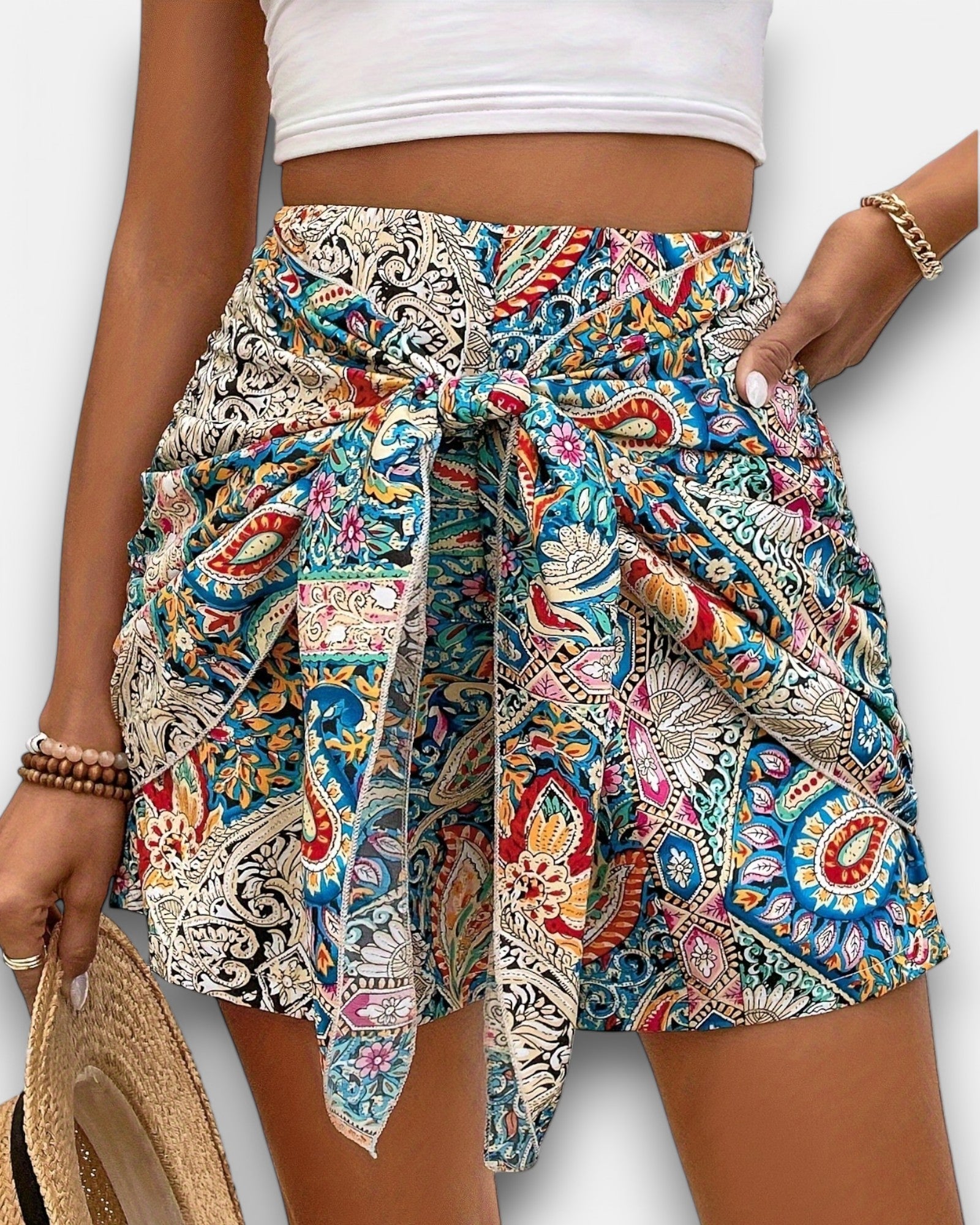 Ella – Boho Paisley High Waist Shorts with Knot Front - Short - Boho Style