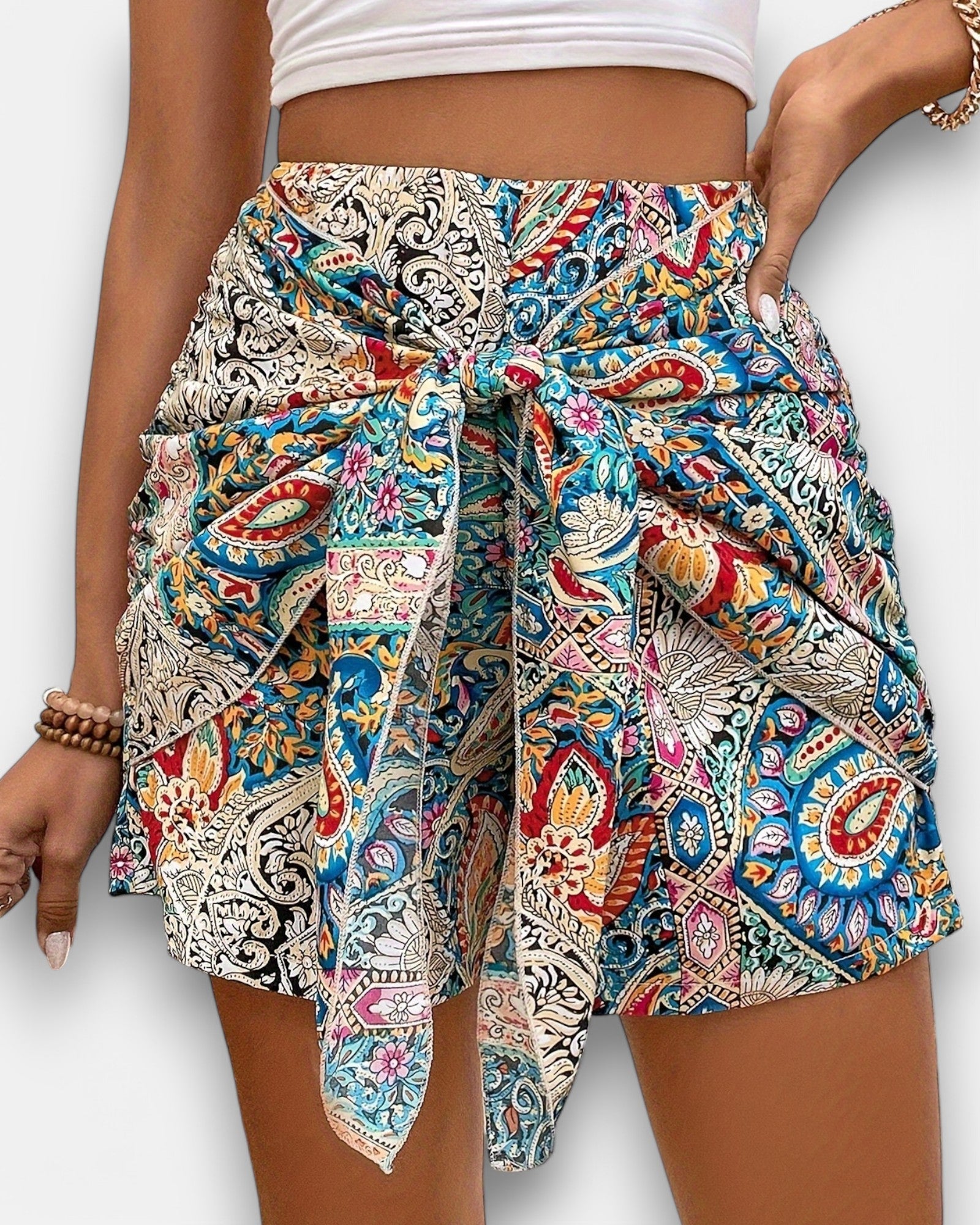 Ella – Boho Paisley High Waist Shorts with Knot Front - Short - Boho Style