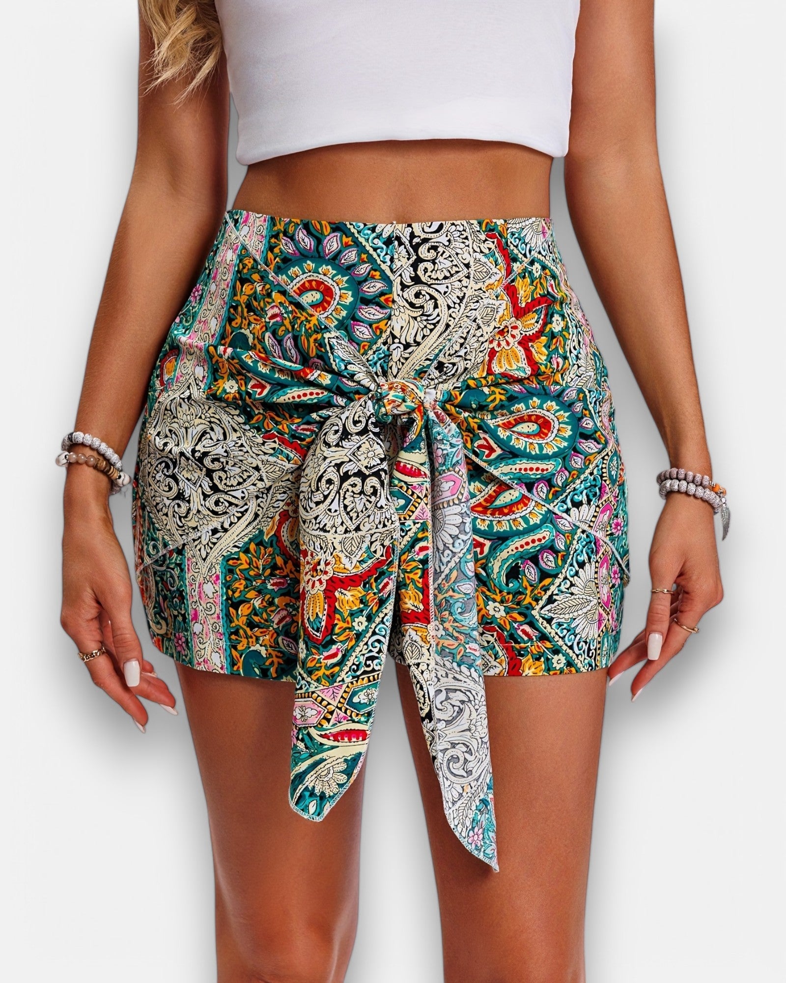 Ella – Boho Paisley High Waist Shorts with Knot Front - Short - Boho Style
