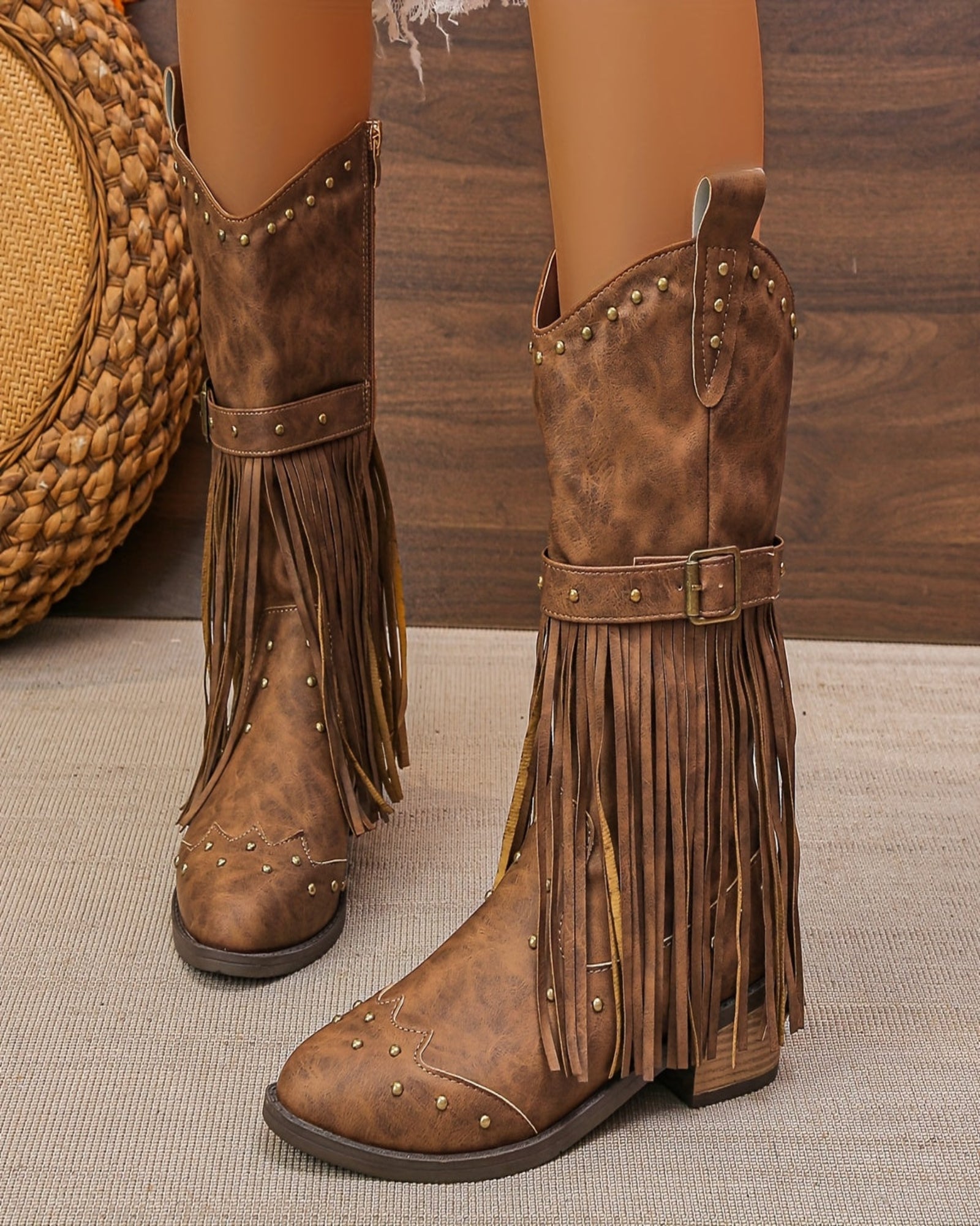 Ella – Boho Tassel Chunky Heel Cowboy Boots with Zipper - Boots - Boho Style