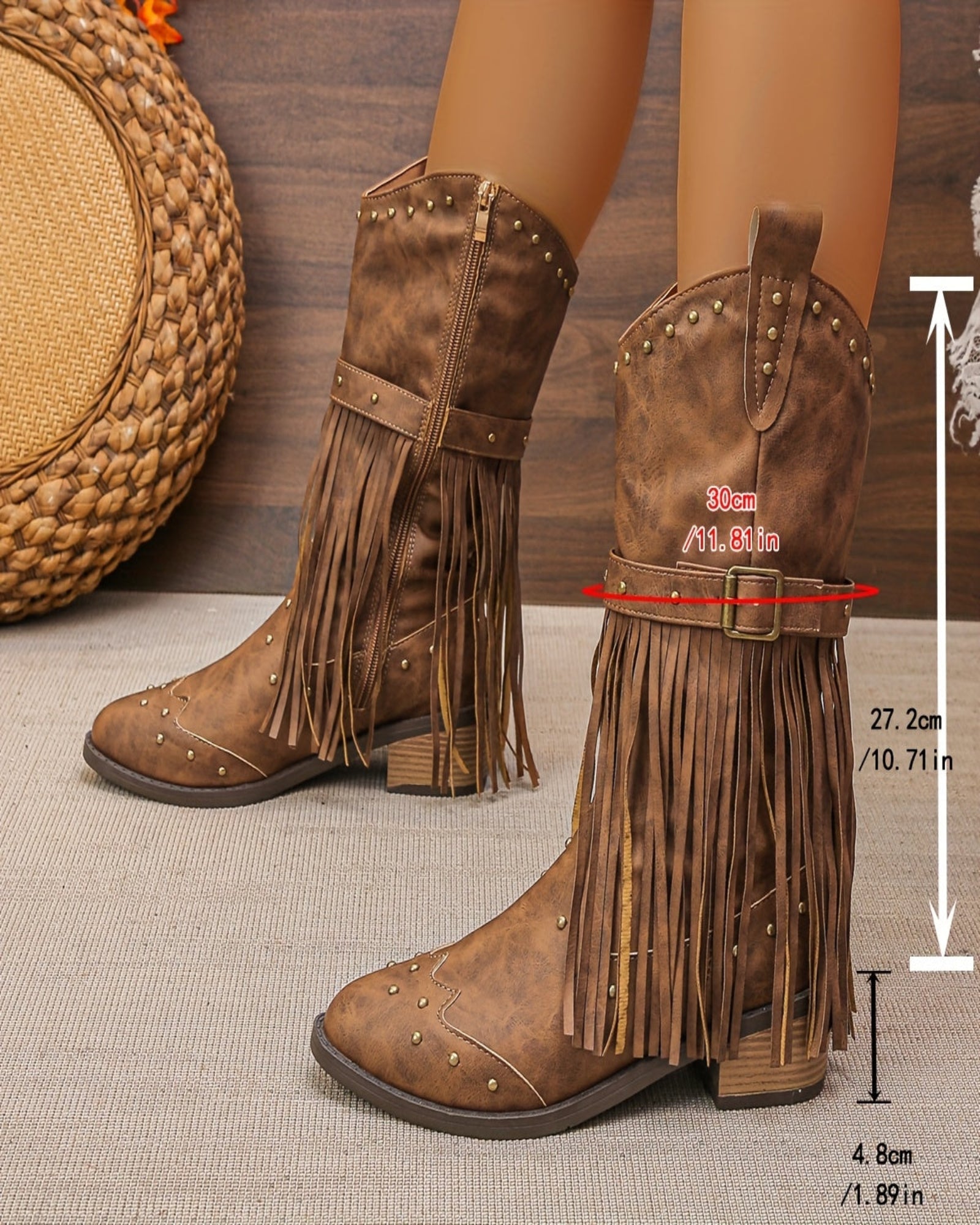 Ella – Boho Tassel Chunky Heel Cowboy Boots with Zipper - Boots - Boho Style