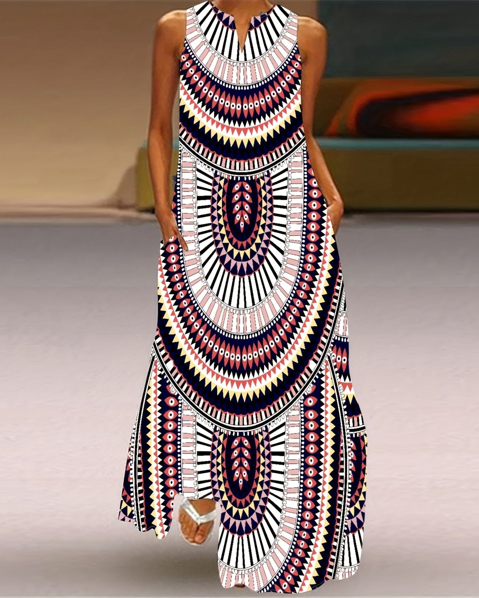 Ella – Boho Tribal Print Maxi Dress with Pockets - Boho Style - Black and Red - S -
