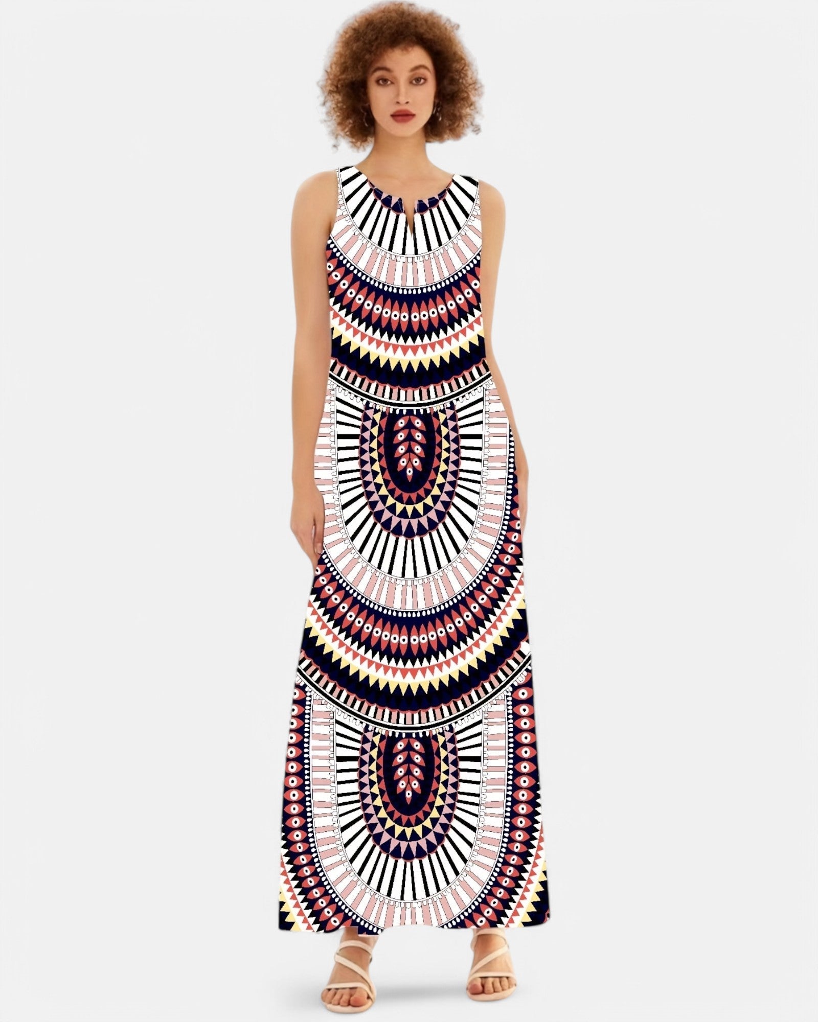 Ella – Boho Tribal Print Maxi Dress with Pockets - Boho Style - Black and Red - S -