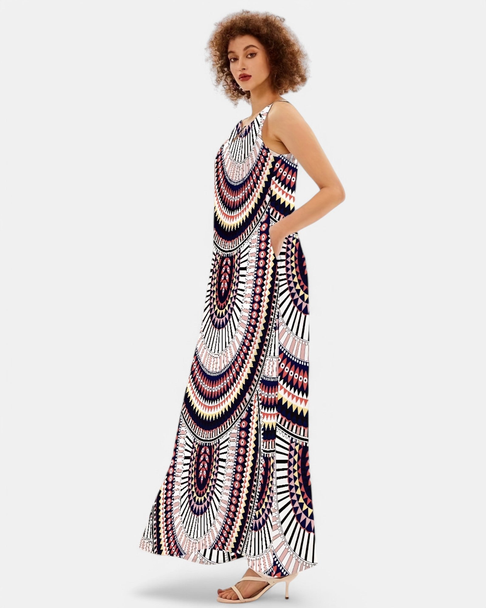 Ella – Boho Tribal Print Maxi Dress with Pockets - Boho Style - Black and Red - S -