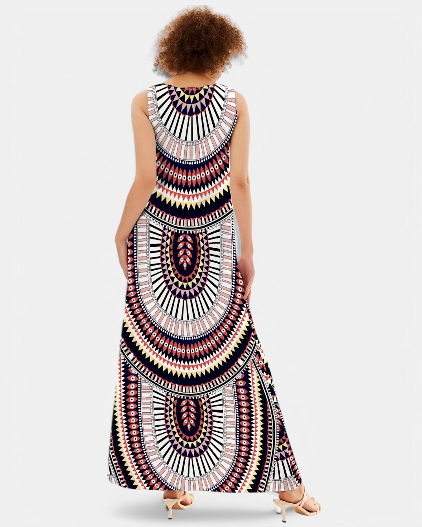Ella – Boho Tribal Print Maxi Dress with Pockets - Boho Style - Black and Red - S -